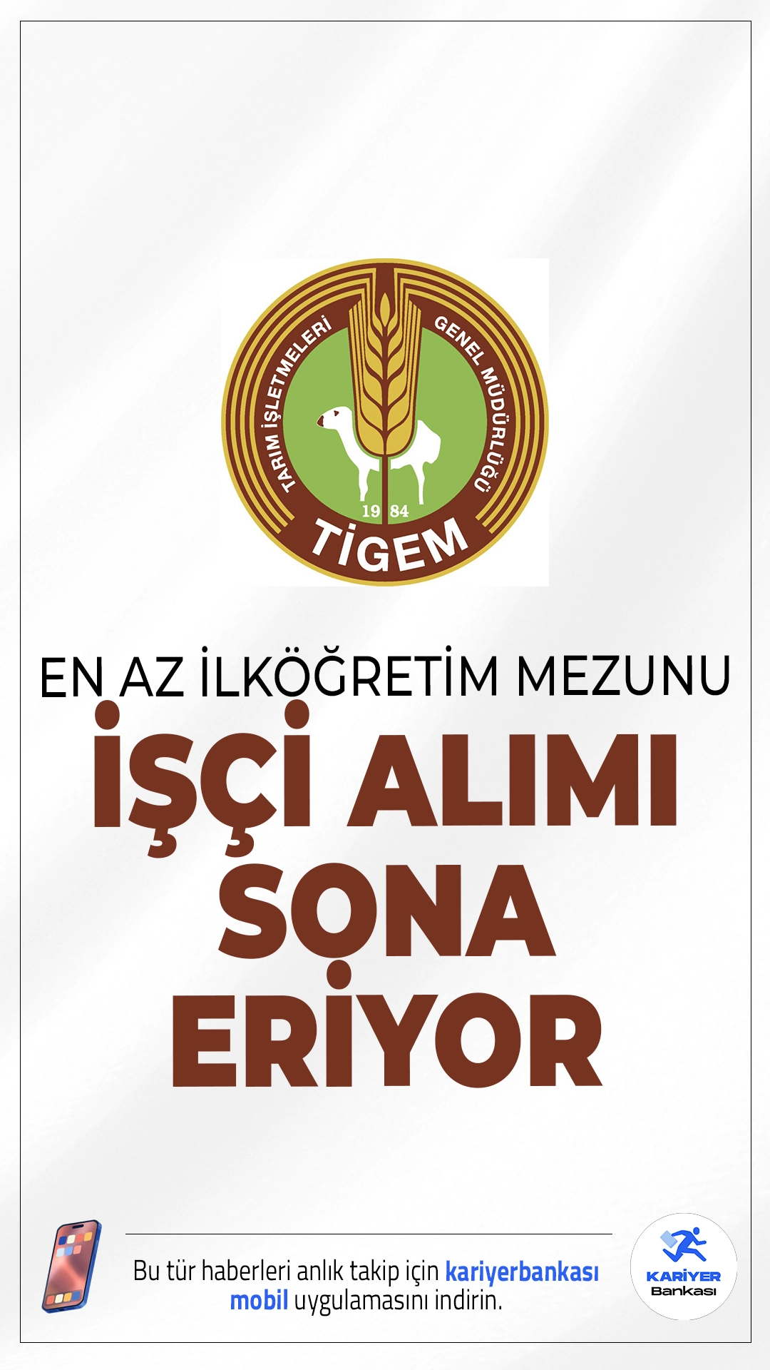 TİGEM 50 İşçi Alımı Başvuruları Sona Eriyor.Tarım ve Orman Bakanlığı TİGEM işçi alımı başvurularında son saatlere girildi. ilgili alım duyurusunda, TİGEM'e 50 geçici işçi alımı yapılacağı aktarılırken, başvuruların bugün (18 Ekim 2025) sona ereceği kaydedildi.Alım, İŞKUR üzerinden gerçekleştiriliyor. İşte şartlar ve başvuru bilgileri..