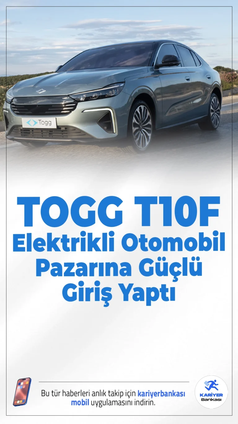 T10F Elektrikli Otomobil Pazarına Güçlü Giriş Yaptı.Türkiye'nin yerli elektrikli otomobili Togg, T10F modeliyle eylül ayında satışa sunulmasının ardından kısa sürede elektrikli araç pazarında büyük ilgi gördü. Model, ilk ayında en çok satan ikinci elektrikli otomobil oldu.