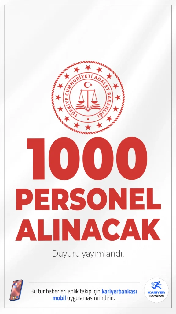 Adalet Bakanlığı 1000 Personel Alımı Yapacak. Adalet Bakanlığı Personel Genel Müdürlüğü sayfasından yayımlanan duyuruya göre, Adalet Bakanlığına yazılı yarışma sınavı ile 1000 Hakim ve Savcı Yardımcısı alımı yapılacak. Başvurular 4 Kasım 2025 tarihinde başlayacak. Başvuru şartları ve diğer detaylar bu haberimizde.