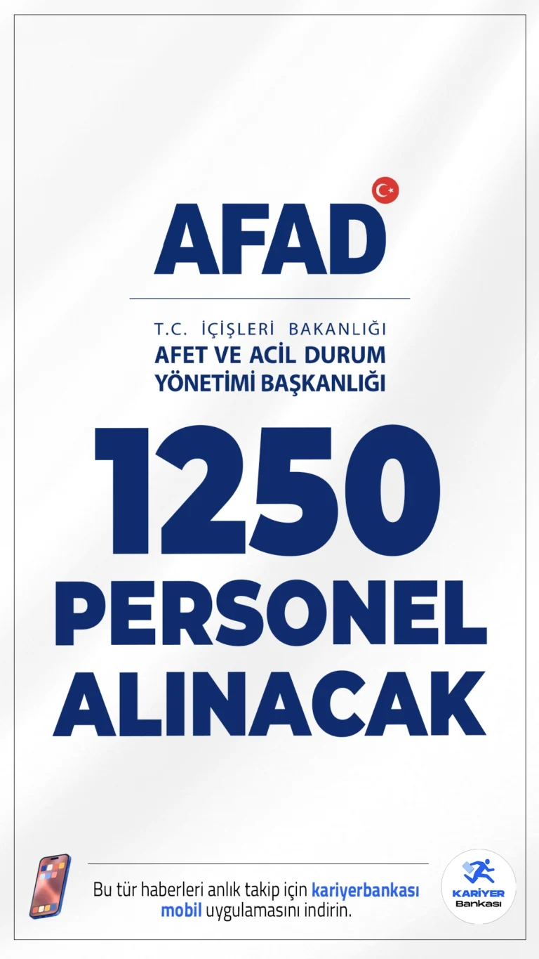 AFAD 1250 Personel Alımı Yapacak. Resmi Gazete'de yayımlanan duyuruya göre, İçişleri Bakanlığı Afet ve Acil Durum Yönetimi Başkanlığına(AFAD) 77 arama ve kurtarma teknikeri, 1273 arama ve kurtarma teknisyeni olmak üzere toplamda 1250 sözleşmeli personel alınacak.
