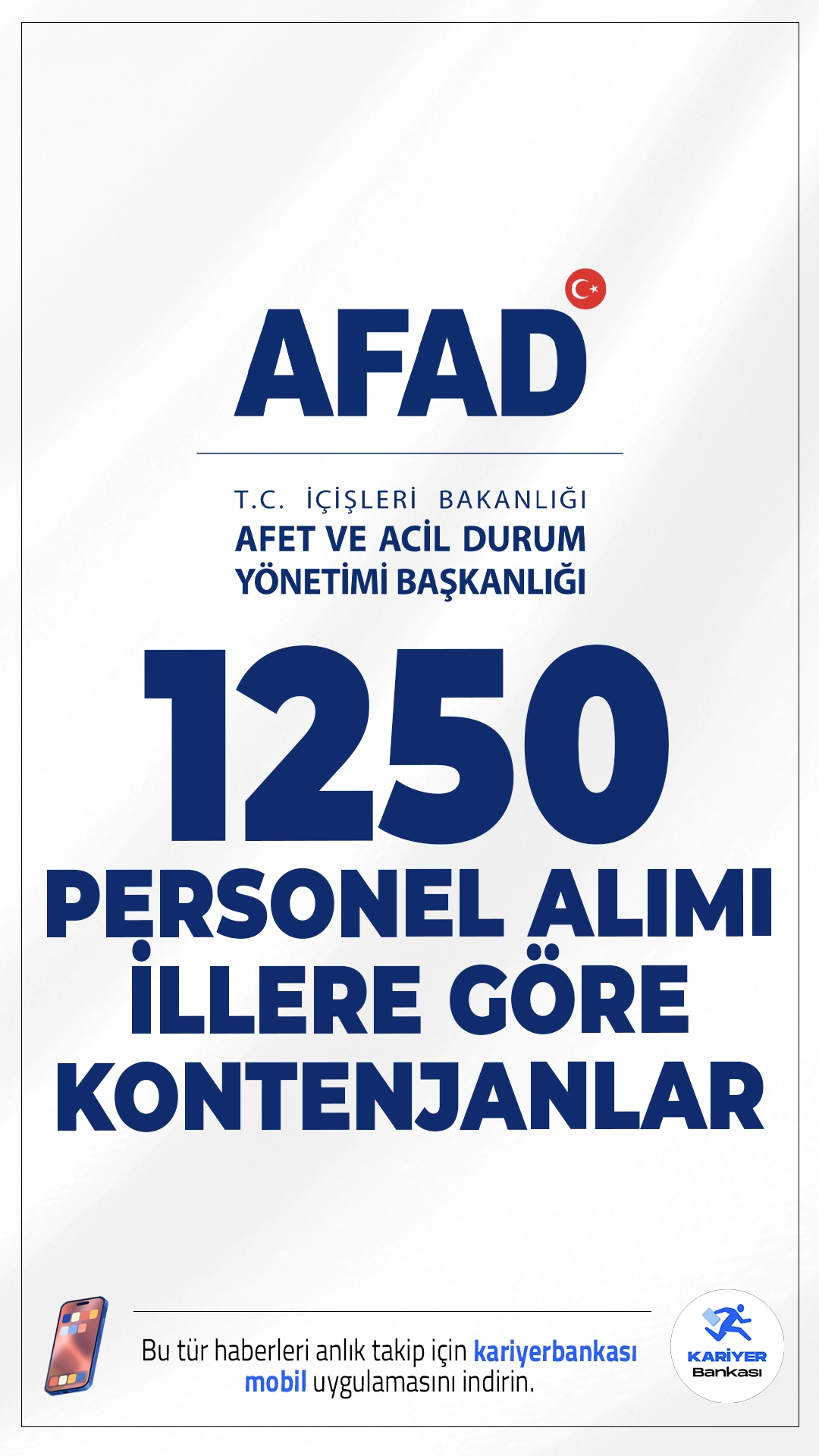AFAD 1250 Personel Alımı İllere Göre Kontenjanlar.İçişleri Bakanlığı Afet ve Acil Durum Yönetimi Başkanlığı (AFAD) 1250 personel alımı yapacak. İlgili duyuruya göre, 1250 sözleşmeli personel alımı başvuruları 5 Kasım-11 Kasım 2025 tarihleri arasında alınacak. İllere göre kontenjanlar ve şartlara dair tüm detaylar bu haberimizde.