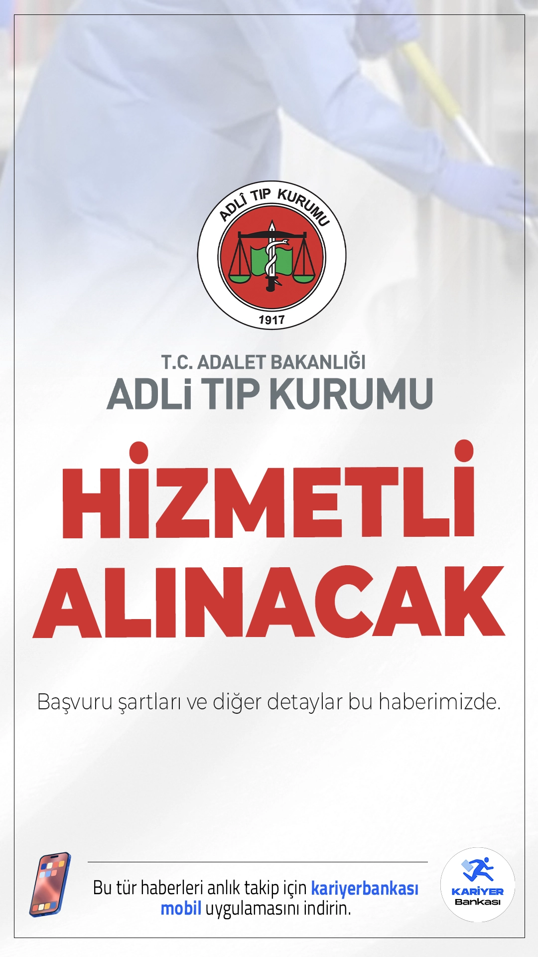 Adli Tıp Kurumu (ATK) 26 Hizmetli Alımı Şartları.Adli Tıp Kurumu (ATK) hizmetli alımı için başvuru işlemleri devam ediyor.Başvurular 5 Kasım 2025 tarihinde sona erecek. Başvuru yapacak adayların genel şartların yanı sıra, özel şartları da dikkatle incelemesi gerekmektedir.