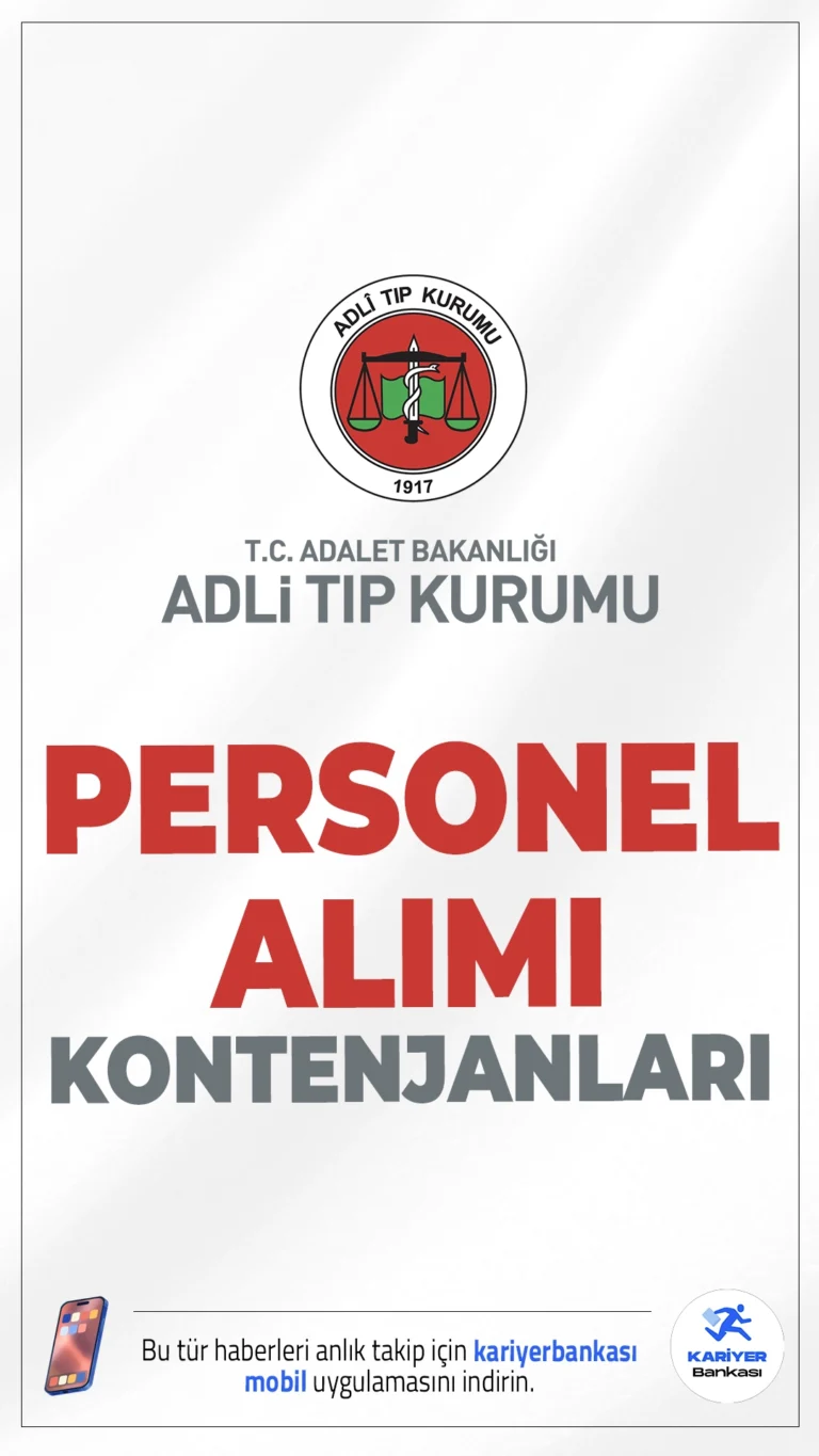 Adli Tıp Kurumu (ATK) 85 Personel Alımı Kontenjanları.Adli Tıp Kurumu (ATK) sözleşmeli personel alımı için başvurular sürüyor. İlgili alım duyurusuna göre, ATK'ya Mühendis (Bilişim), Laborant, İnfaz ve Koruma Memuru (Kadın/Erkek), Hemşire, Kimyager, Büro Personeli, Destek Personeli (Şoför, Aşçı, Hizmetli) ünvanlarında personel alınacak.Başvurular 5 Kasım 2025 tarihinde sona erecek.İşte kontenjanlar ve şartlar..