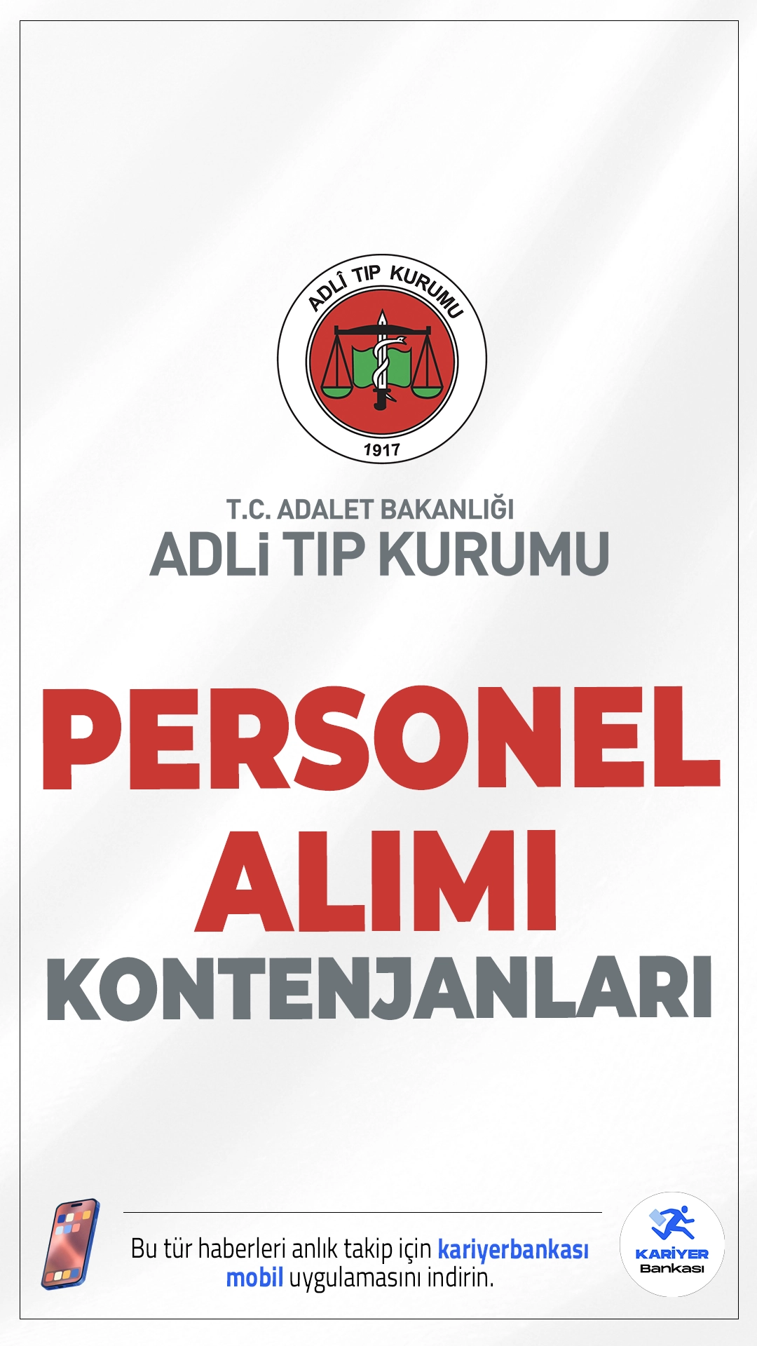 Adli Tıp Kurumu (ATK) 85 Personel Alımı Kontenjanları.Adli Tıp Kurumu (ATK) sözleşmeli personel alımı için başvurular sürüyor. İlgili alım duyurusuna göre, ATK'ya Mühendis (Bilişim), Laborant, İnfaz ve Koruma Memuru (Kadın/Erkek), Hemşire, Kimyager, Büro Personeli, Destek Personeli (Şoför, Aşçı, Hizmetli) ünvanlarında personel alınacak.Başvurular 5 Kasım 2025 tarihinde sona erecek.İşte kontenjanlar ve şartlar..