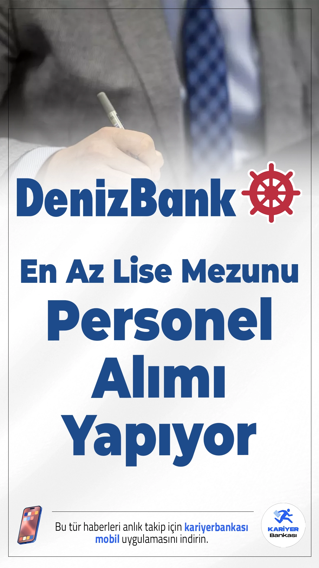 Denizbank En Az Lise Mezunu Personel Alımı Yapıyor.Türkiye genelinde birçok şubesiyle hizmet veren Denizbank, farklı pozisyonlarda personel alımı yapacağını duyurdu. En az lise mezunu adaylardan başlayarak, ön lisans ve lisans mezunlarına kadar uzanan kadroda güvenlik görevlisi, banka memuru, satış temsilcisi, müşteri temsilcisi ve şube operasyon yöneticisi gibi birçok pozisyon yer alıyor.