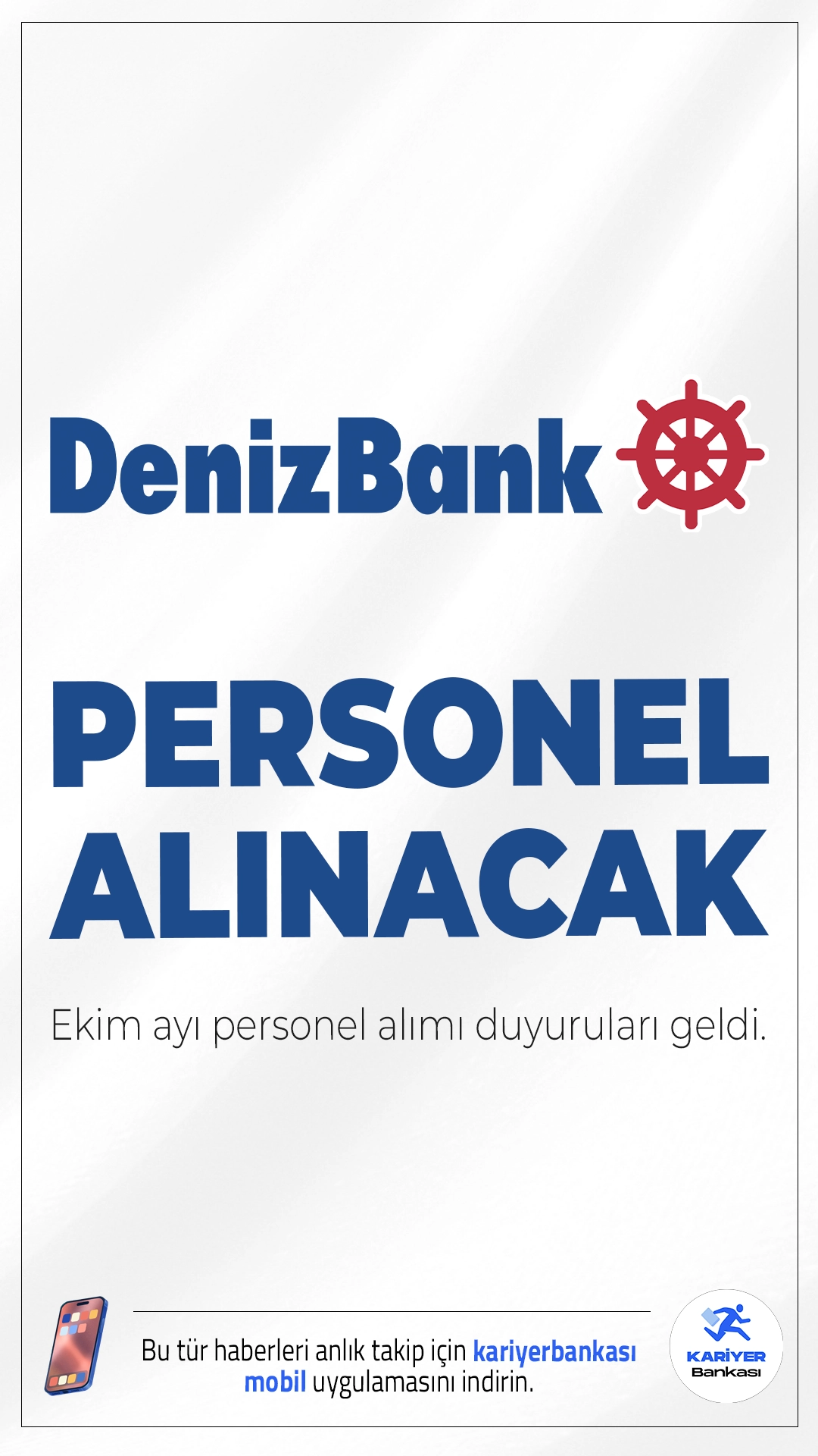 Denizbank Ekim Personel Alımı Duyuruları Yayımlandı.Ekim ayı itibariyle Türkiye'nin önde gelen özel bankalarından Denizbank, birçok şehirde istihdam edilmek üzere yeni personel alımları yapacağını duyurdu. En az lise mezunu adayların başvuru yapabileceği ilanlarda, engelli kadrosundan güvenlik görevlisine, portföy yöneticisinden müşteri temsilcisine kadar birçok farklı pozisyon yer alıyor.