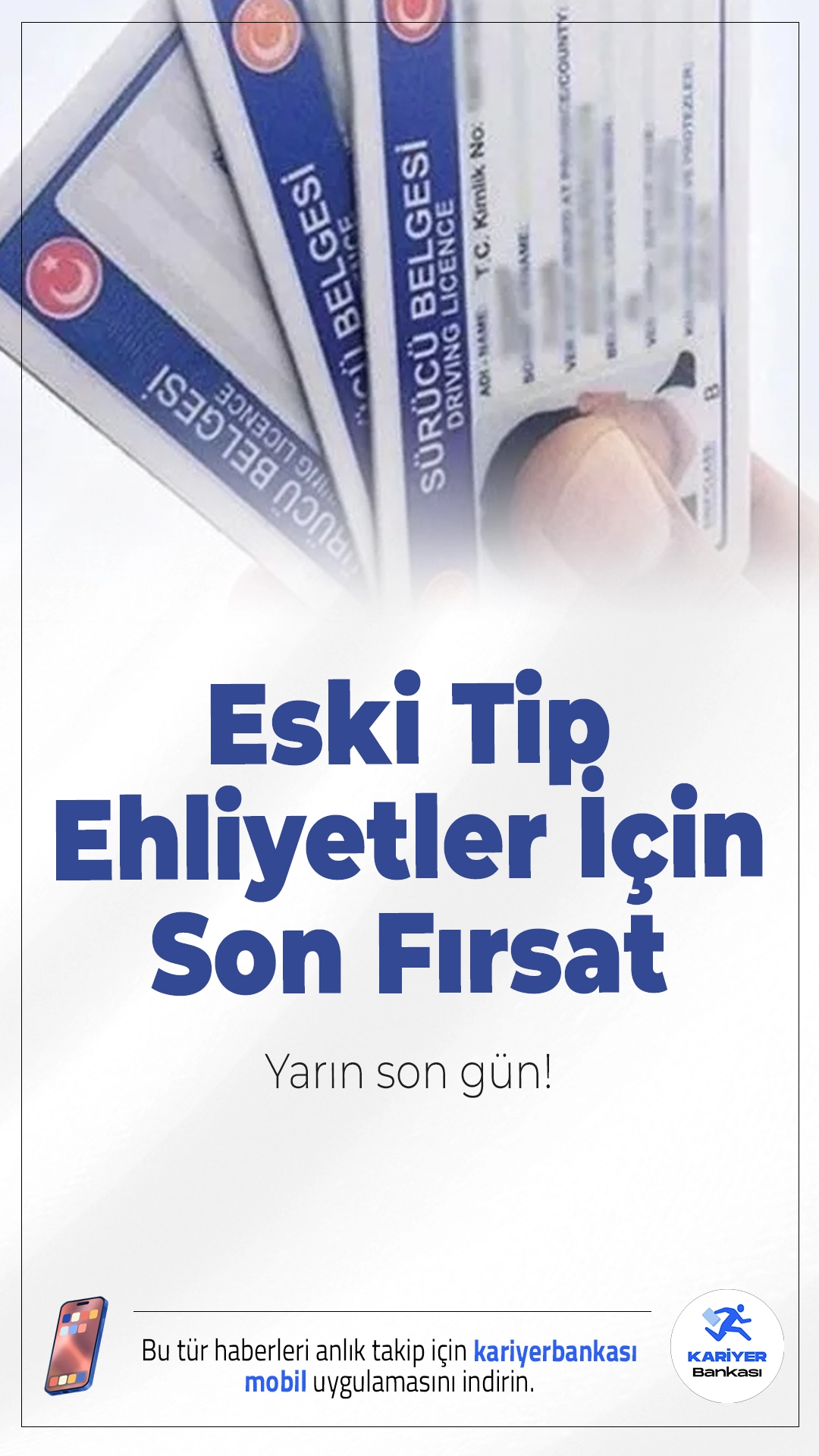 Eski Tip Ehliyetler İçin Son Fırsat: Yarın Son Gün!1 Ocak 2016’dan bu yana süren eski tip ehliyet yenileme süreci yarın sona eriyor. Yarın itibarıyla eski sürücü belgeleri geçersiz sayılacak.