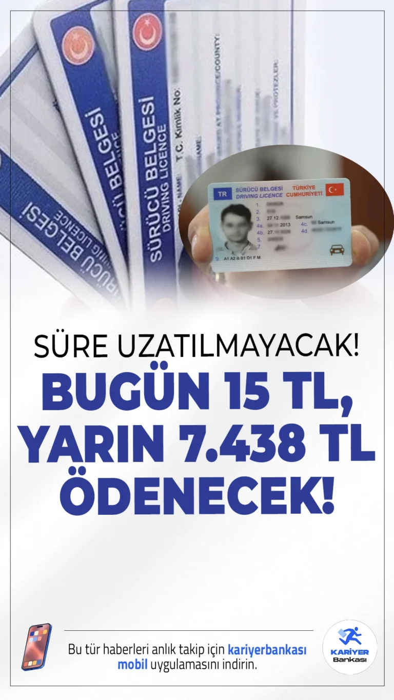 Ehliyet Yenilemede Son Gün! Yarın 15 TL Yerine 7.438 TL Ödenecek.Eski tip sürücü belgesi sahipleri için tanınan süre bugün sona eriyor. Yenileme yapılmazsa belgeler geçersiz olacak ve yarından itibaren 7.438 TL ödeme yapılması gerekecek.