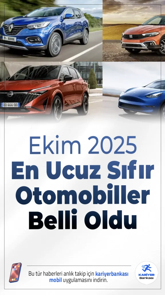Ekim 2025 En Ucuz Sıfır Otomobiller Belli Oldu.2025'e özel kampanyalarla dikkat çeken sıfır otomobil piyasasında, en ekonomik modeller belli oldu. Sıfır araç almayı düşünenler için en cazip fiyatlı modelleri sizler için derledik.