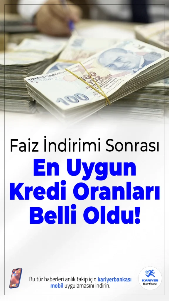 Faiz İndirimi Sonrası En Uygun Kredi Oranları Belli Oldu!TCMB’nin 100 baz puanlık faiz indirimi sonrası, bankaların sunduğu en düşük konut, ihtiyaç ve taşıt kredisi oranları dikkat çekti. Aylık ödeme tutarları ve toplam geri ödeme miktarları netleşti.