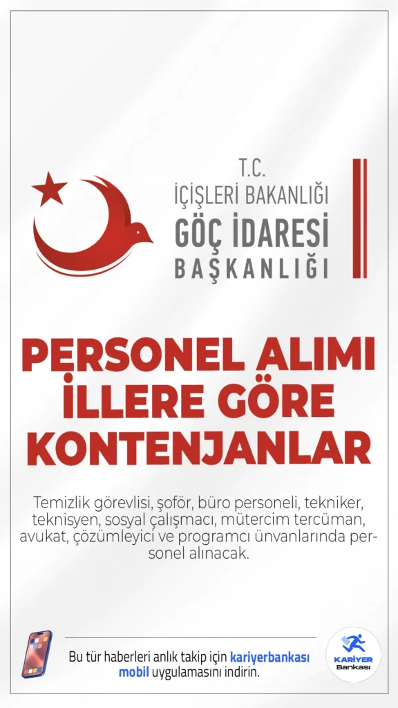 Göç İdaresi 119 Personel Alımı İllere Göre Kontenjanlar.İçişleri Bakanlığı Göç İdaresi Başkanlığı personel alımı başvuruları devam ediyor. İlgili alım duyurusuna göre, Göç İdaresine temizlik görevlisi, şoför, büro personeli, tekniker, teknisyen, sosyal çalışmacı, mütercim tercüman, avukat, çözümleyici ve programcı ünvanlarında personel alınacak. İllere göre kontenjan dağılımı ve şartlar bu haberimizde.