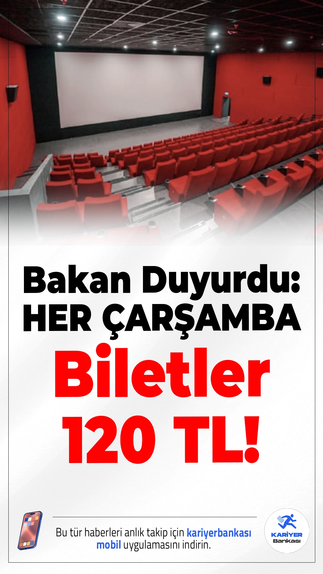 Bakan Duyurdu: Çarşamba Günlere Sinema Günü İlan Edildi!Kültür ve Turizm Bakanı Mehmet Nuri Ersoy, yıl sonuna kadar çarşamba günlerinin "Sinema Günü" ilan edildiğini açıkladı. Kampanyaya katılan sinemalarda her çarşamba, tüm filmler sadece 120 TL'ye izlenebilecek.