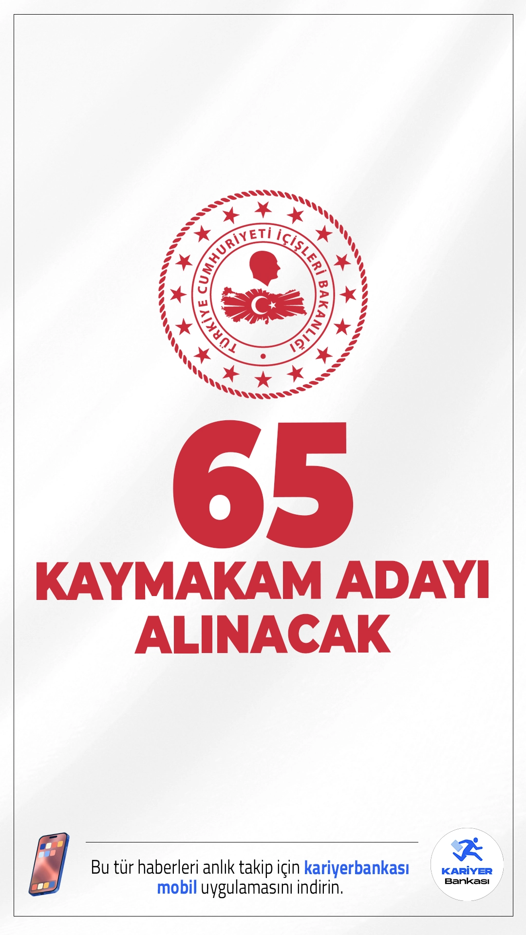 İçişleri Bakanlığı 65 Kaymakam Adayı Alımı Yapacak.İçişleri Bakanlığı, 2025 yılı için 65 kaymakam adayı alımı yapılacağını duyurdu. Mülki İdare Amirliği Hizmetleri Sınıfı kapsamında gerçekleştirilecek alımlar, 6 Aralık 2025 tarihinde yapılacak yazılı sınavla başlayacak. Sınav ÖSYM tarafından düzenlenecek ve birçok ilde yapılacak.