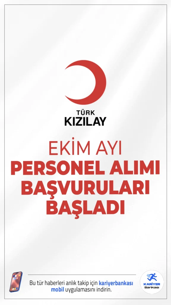 Kızılay Ekim Ayı Personel Alımı Başvuruları Başladı.Türk Kızılayı, sağlık alanında görev almak isteyen adaylar için KPSS şartı olmadan ve bazı kadrolarda en az 50-60 KPSS puanı ile personel alımı yapacağını duyurdu. Alımlar, Kızılay Kariyer platformu üzerinden yayınlanan ilanlarla resmi olarak başladı.
