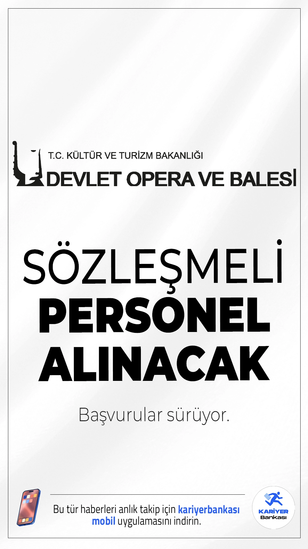 Kültür Bakanlığı DOP 32 Personel Alımı Sürüyor.Kültür ve Turizm Bakanlığı Devlet Opera ve Balesi Genel Müdürlüğü (DOP), merkez ve taşra teşkilatında görevlendirilmek üzere sözleşmeli personel alımı başvuruları devam ediyor. KPSS 2024 (B grubu) puan sıralaması esas alınarak yapılacak alımlar yazılı ve sözlü sınav olmadan gerçekleştirilecek. Başvurular 3 Kasım 2025 tarihinde sona erecek. İşte şartlar ve kontenjanlar...
