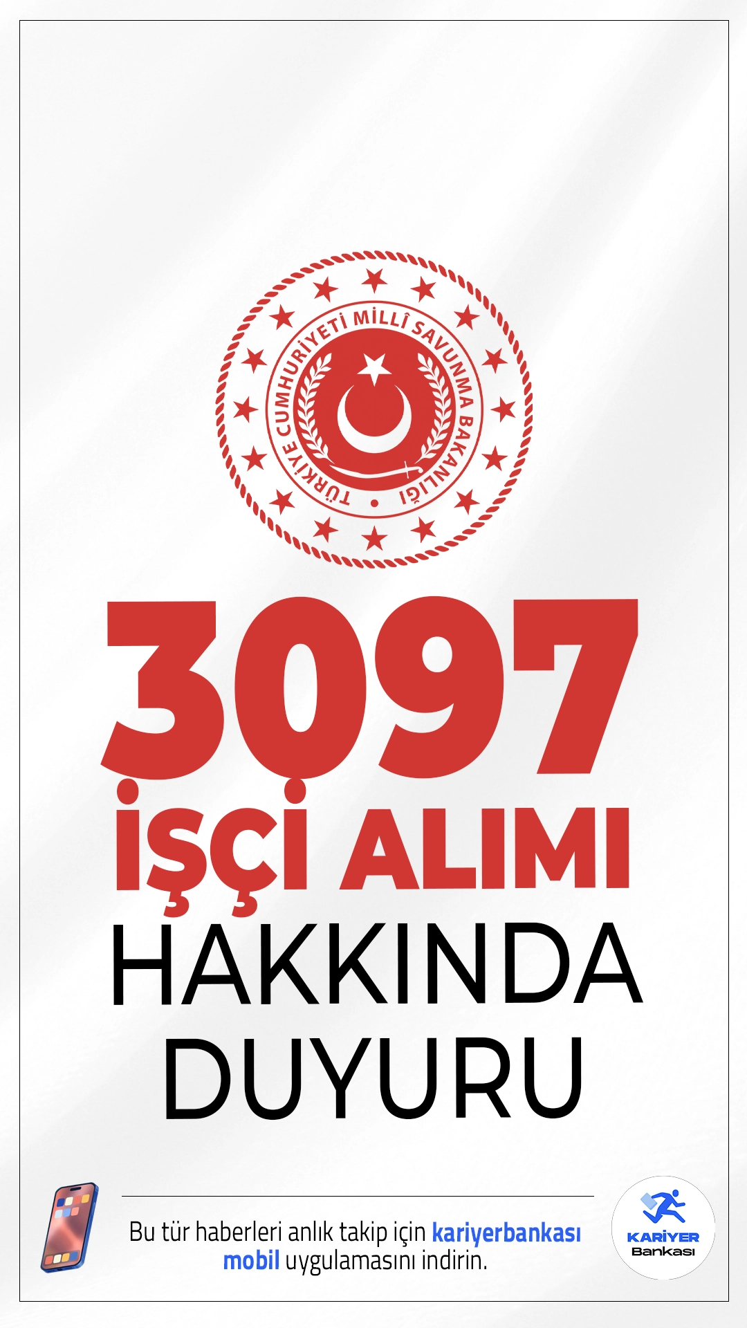 MSB 3097 İşçi Alımı Hakkında Duyuru Yayımlandı.Milli Savunma Bakanlığı sayfasından, Milli Savunma Bakanlığına bağlı iş yerlerinde istihdam edilmek üzere başvuruları Türkiye İş Kurumu (İŞKUR)sayfası üzerinden alınan 3.097 (üç bin doksan yedi) sürekli işçi alımı temini belge kontrol sonuç duyurusu yayımlandı.
