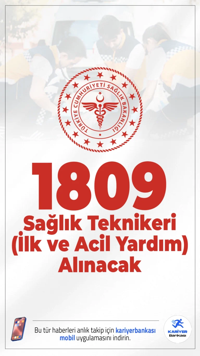 Sağlık Bakanlığı 1809 Sağlık Teknikeri(İlk ve Acil Yardım) Alacak.Sağlık Bakanlığı Türkiye geneli hastanelere 1809 sağlık teknikeri alımı yapacak. ÖSYM üzerinden yayımlanan KPSS 2025/5 kılavuzuna göre, Sağlık Bakanlığına 15 bin 247 personel alımı kapsamında ön lisans mezunlarından olmak üzere ilk ve acil yardım teknikeri alımı yapacak.Sağlık teknikeri tercihleri 6 Ekim'de sona erecek.Tercih yapacak adayların başvuru şartlarını ve nitelik kodlarını dikkatle incelemesi gerekmektedir.