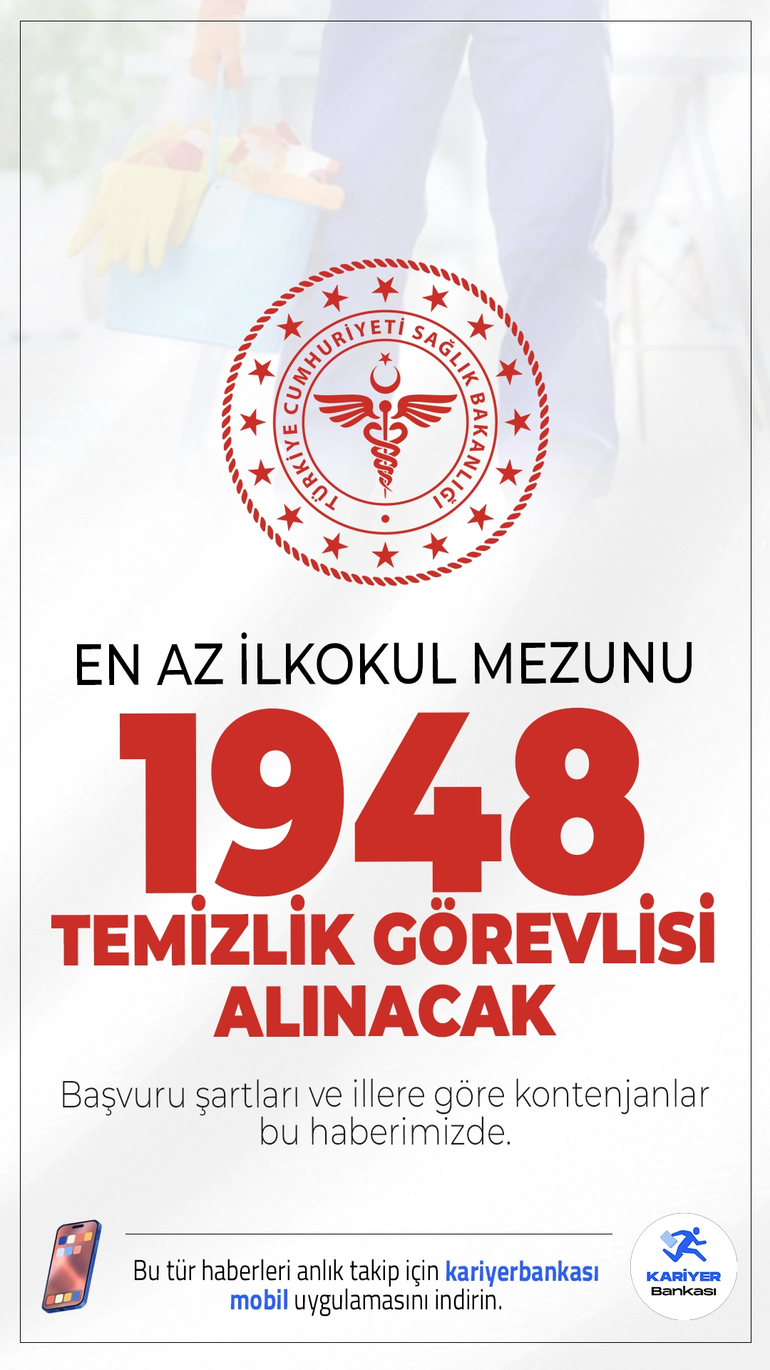 Sağlık Bakanlığı 1948 Temizlik Görevlisi Alımı Şartları. Sağlık Bakanlığı 2 bin 764 işçi alımı kapsamında, en az ilkokul mezunlarından 1948 temizlik görevlisi alımı yapacak. Başvurular bugün(8 Ekim 2025) itibariyle alınmaya başlandı.Başvuru şartları, illere göre kontenjanlar ve diğer tüm detaylar bu haberimizde.