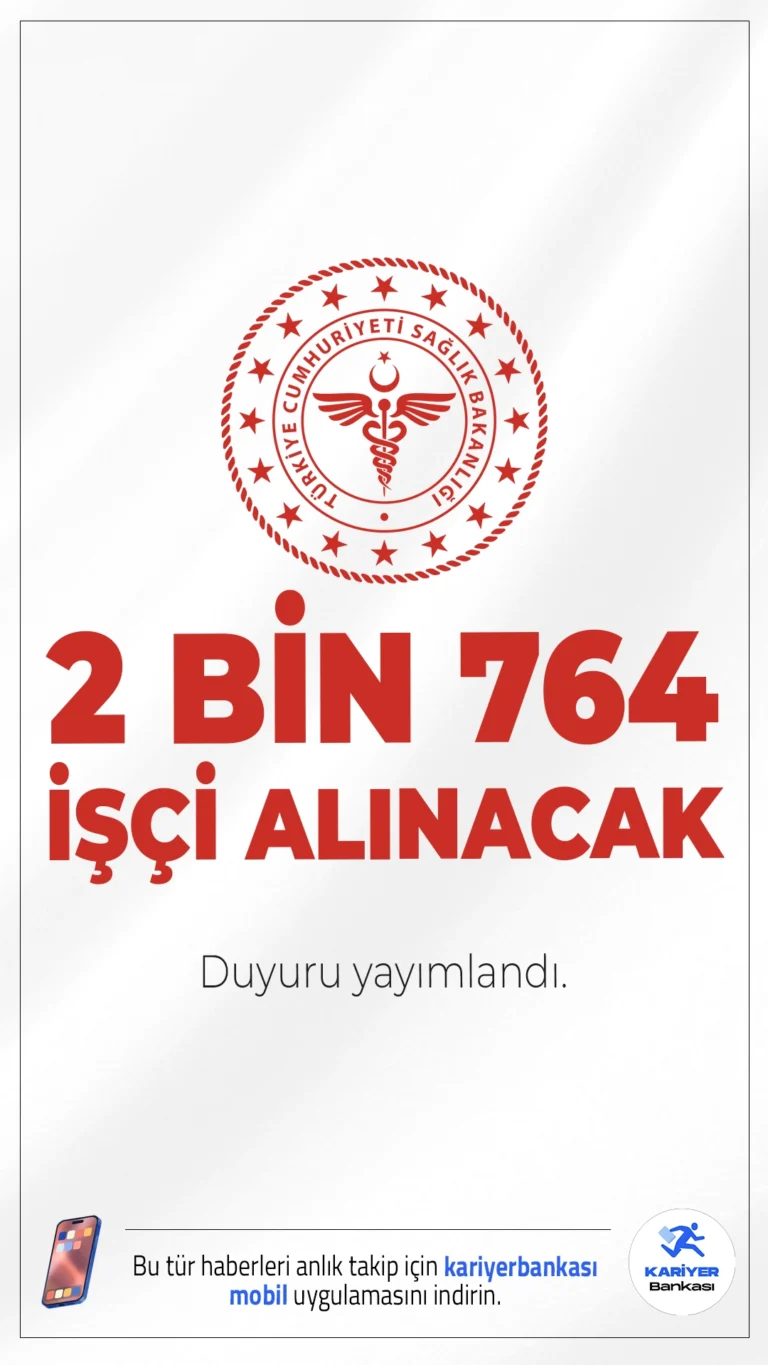 Sağlık Bakanlığı 2 Bin 764 İşçi Alımı Yapacak.Sağlık Bakanlığı, 4857 sayılı İş Kanunu kapsamında taşra teşkilatlarında istihdam edilmek üzere toplam 2 bin 764 sürekli işçi alımı yapacağını duyurdu. Bu kapsamda, farklı ünvanlarda yapılacak alımlar için başvuru süreci ve şartlar belli oldu.