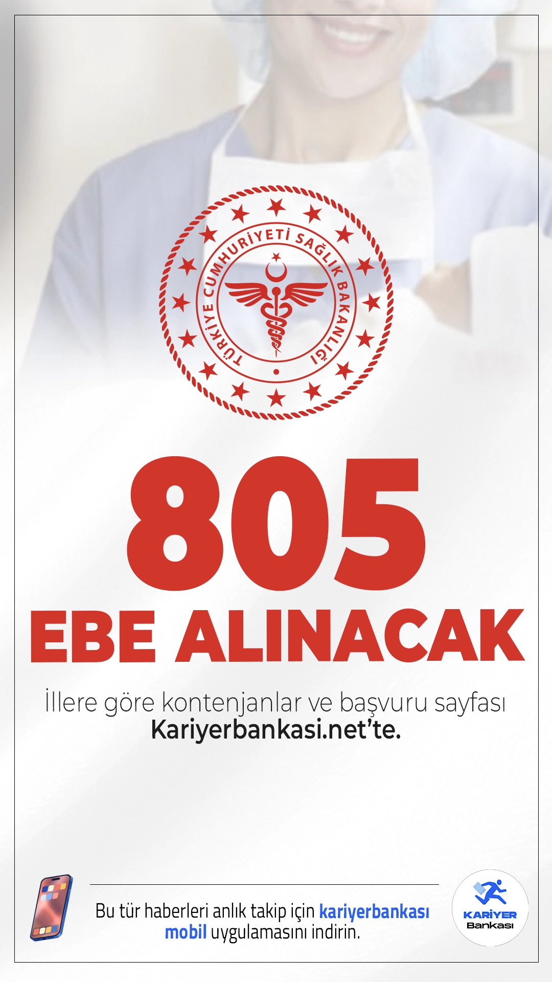 Hastanelere 805 Ebe Alımı Yapılacak.Sağlık Bakanlığı hastanelere 805 ebe alımı yapacak.ÖSYM resmi sayfası üzerinden yayımlanan KPSS 2025/5 tercih kılavuzuna göre, Sağlık Bakanlığı'na 15 bin 247 personel alımı kapsamında lisans mezunlarından ebe alınacak. İlgili alıma başvuracak adayların genel şartın yanı sıra, özel şartlarıda dikkatle incelemesi gerekmektedir.