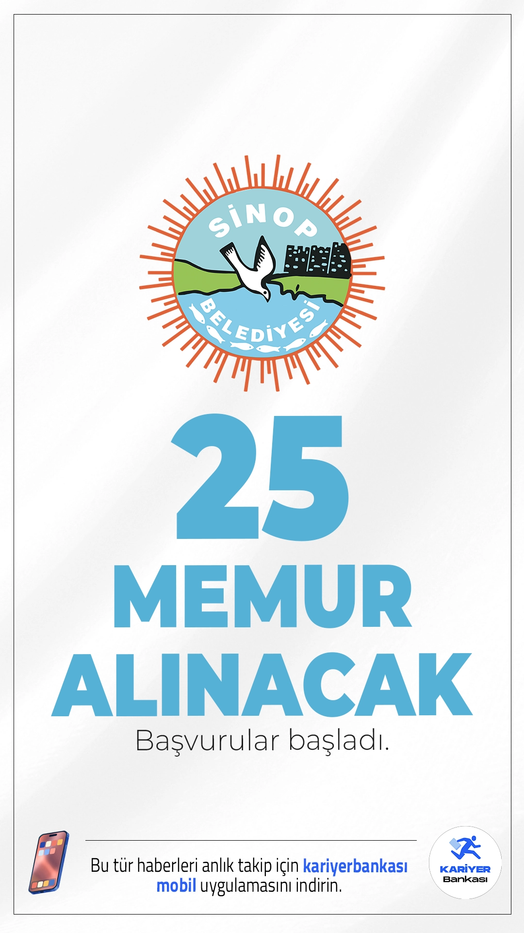 Sinop Belediyesi 25 Memur Alımı Başvuruları Alınacak.Sinop Belediyesi çeşitli ünvanlarda memur alımı başvuruları bugün(22 Ekim 2025) itibarıyla başladı. İlgili alım duyurusuna göre, Sinop Belediyesine İtfaiye Eri, Zabıta Memuru, Memur, Mühendis (İnşaat, Elektrik, Bilgisayar), Mimar ve Şehir Plancısı ünvanlarında memur alımı yapılacak. Başvuru yapacak adayların genel ve özel şartları taşıması gerekmektedir.