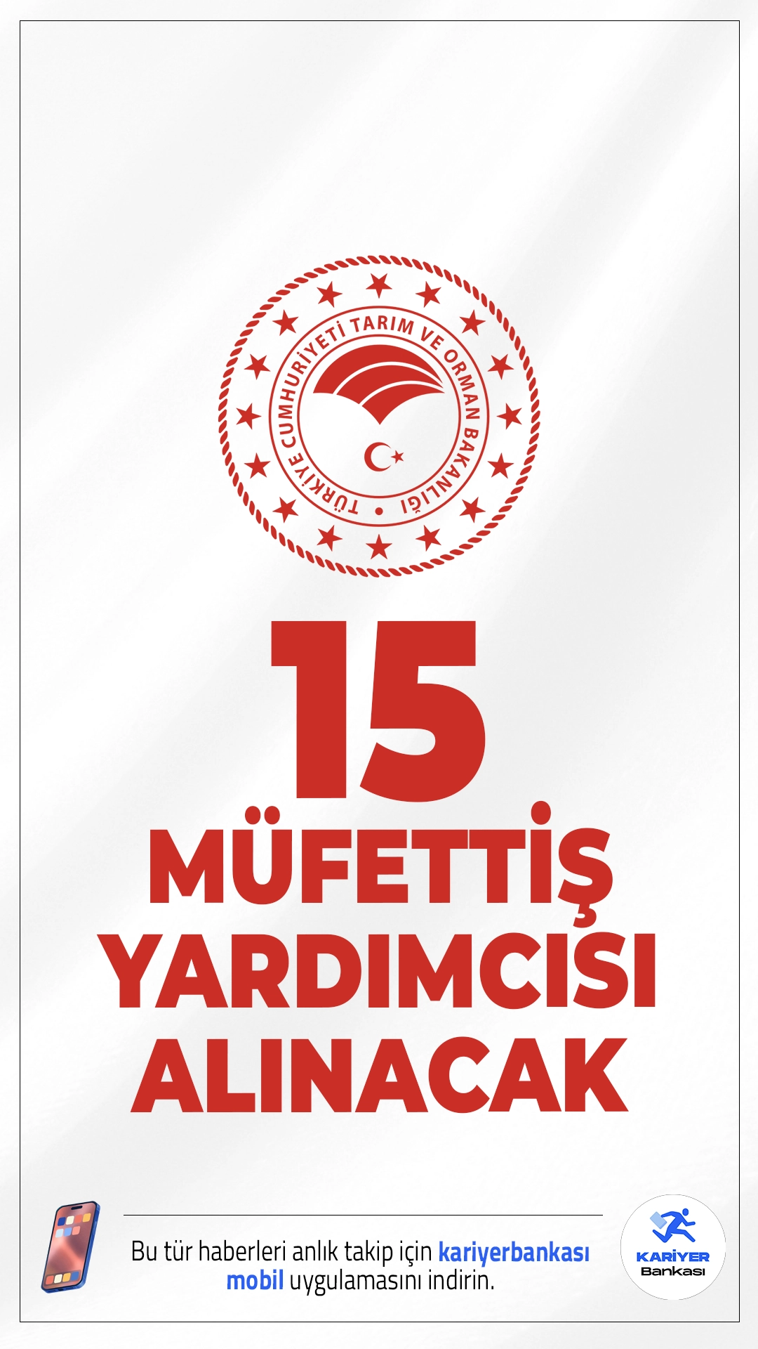 Tarım ve Orman Bakanlığı 15 Müfettiş Yardımcısı Alımı Yapacak.Tarım ve Orman Bakanlığı, Rehberlik ve Teftiş Başkanlığı bünyesinde görevlendirilmek üzere 15 Müfettiş Yardımcısı alımı gerçekleştirecek. Alım, çeşitli fakültelerden mezun adaylara yönelik yapılacak ve iki aşamalı sınav süreci ile tamamlanacak. Başvurular 31 Ekim - 14 Kasım 2025 tarihleri arasında elektronik ortamda alınacak.