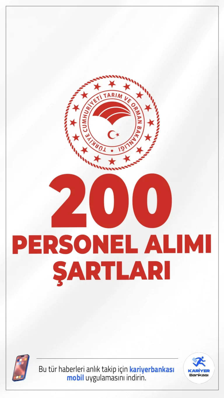 Tarım Bakanlığı 200 Personel Alımı Şartları.Tarım bakanlığı personel alımı başvuruları sürüyor. İlgili alım duyurusuna göre, Tarım ve Orman Bakanlığına temizlik görevlisi, şoför, koruma ve güvenlik görevlisi, gıda mühendisi, ziraat mühendisi, veteriner hekim, ve su ürünleri mühendisi pozisyonları için sözleşmeli personel alımı yapılacak. İşte şartlar ve başvuru bilgileri..