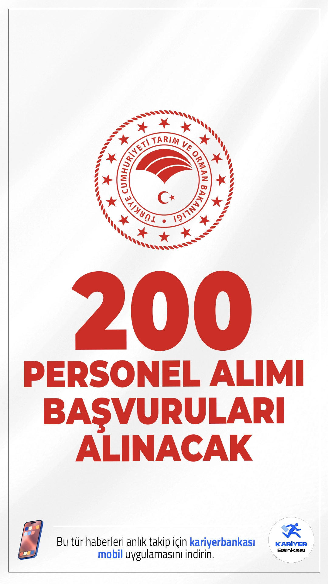 Tarım Bakanlığı 200 Personel Alımı Başvuruları Alınacak.Resmi Gazete'de yayımlanan duyuruya göre, Tarım ve Orman Bakanlığına temizlik görevlisi, şoför, koruma ve güvenlik görevlisi, gıda mühendisi, ziraat mühendisi, veteriner hekim, ve su ürünleri mühendisi ünvanlarında 200 personel alımı yapacak.Başvurular bugün(13 Ekim 2025) itibariyle alınıyor. İşte şartlar ve başvuru bilgileri..