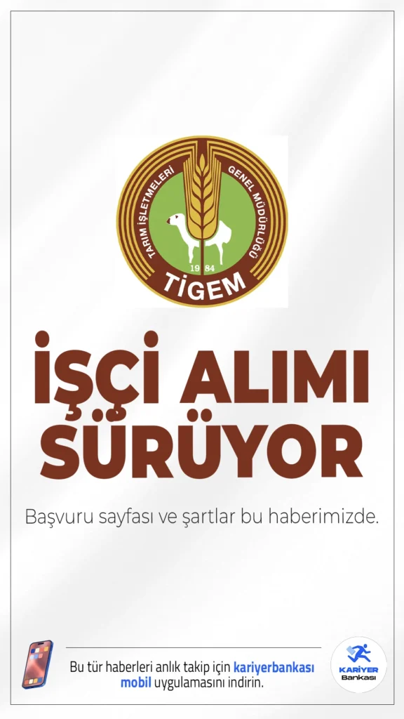 TİGEM 50 İşçi Alımı Başvuruları Sürüyor.Tarım ve Orman Bakanlığı TİGEM işçi alımı için başvuru işlemleri devam ediyor. ilgili alım duyurusuna göre, TİGEM'e 50 geçici mevsimlik işçi alımı yapılacak.Alım, İŞKUR üzerinden 18 Ekim 2025 tarihine kadar sürecek.İşte şartlar ve başvuru bilgileri...