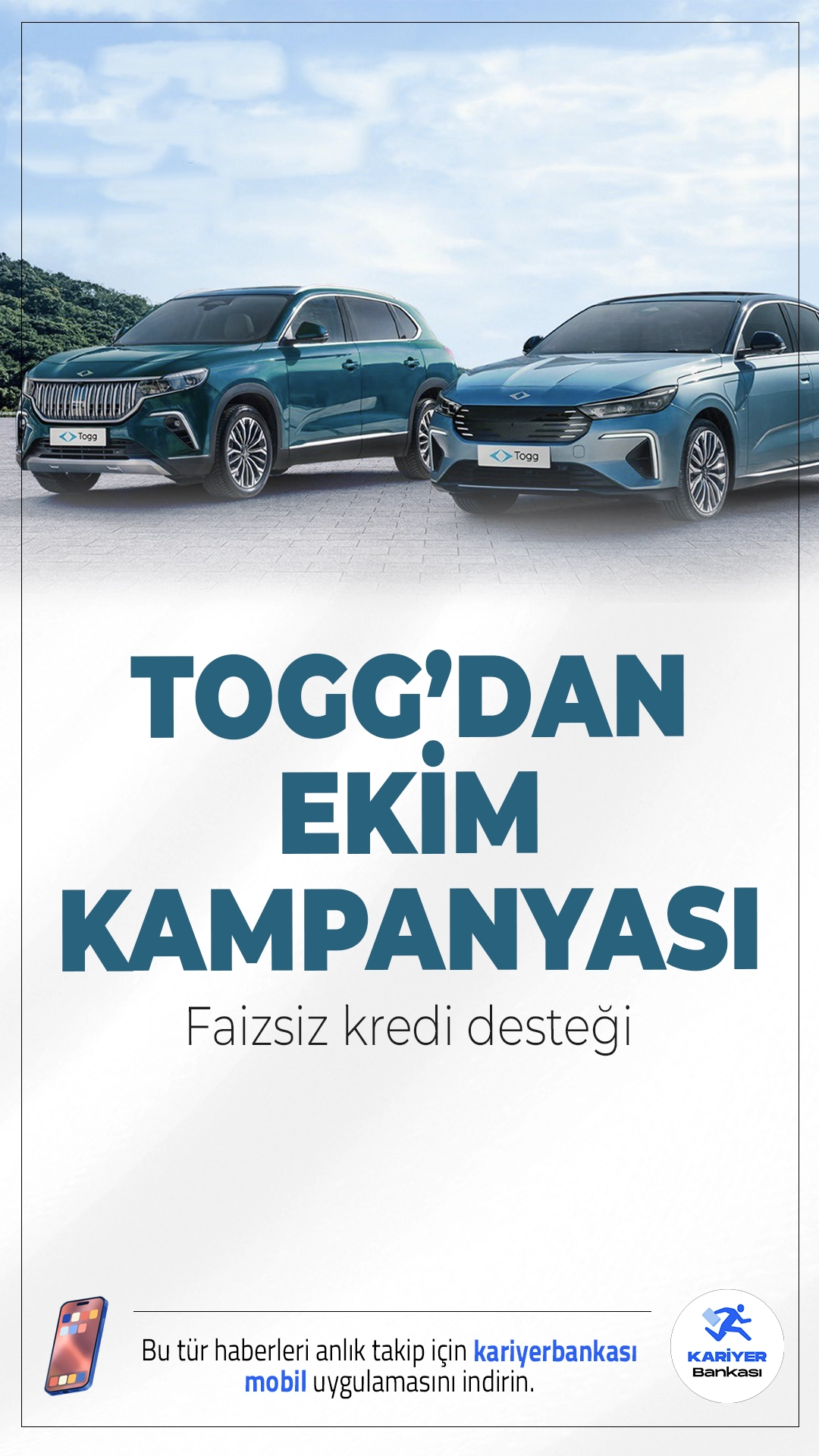 TOGG Ekim 2025 Kampanyası: Sedan ve SUV Alacaklara Faizsiz Kredi Desteği.TOGG, Ekim ayında araç sahibi olmak isteyenler için faizsiz ve düşük faizli kredi seçenekleri sundu. Kampanya sınırlı sayıda araç için geçerli.