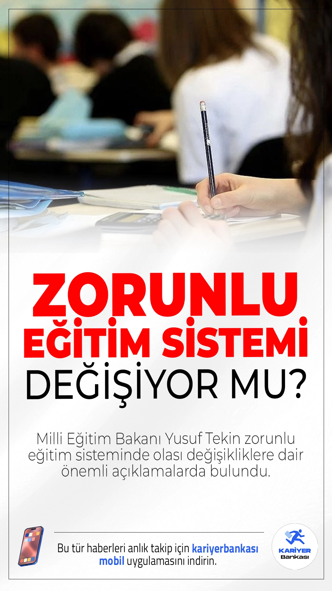Zorunlu Eğitimde Yeni Dönem Sinyali: Rapor Hazır, Kabine'ye Sunulacak.Milli Eğitim Bakanı Yusuf Tekin, zorunlu eğitim sisteminde değişiklik yapılmasına yönelik hazırlanan raporun tamamlandığını ve ilk Kabine toplantısında Cumhurbaşkanı’na sunulacağını açıkladı.