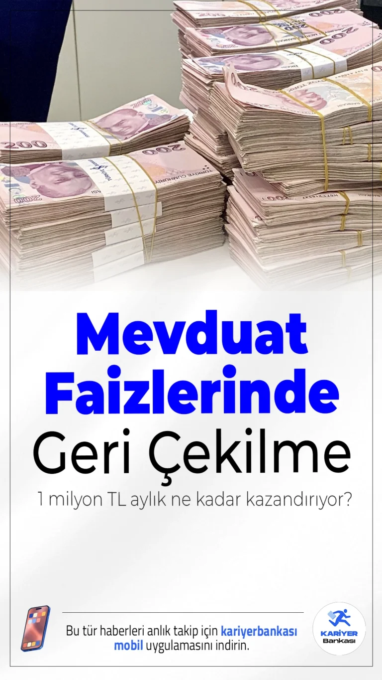 Mevduat Faizlerinde Geri Çekilme: 1 Milyon TL Aylık Ne Kadar Kazandırıyor?Merkez Bankası’nın faiz politikasındaki değişimle birlikte mevduat faiz oranları geriledi. Peki 1 milyon TL, hangi bankada ne kadar kazandırıyor? İşte güncel oranlar ve net getiriler...