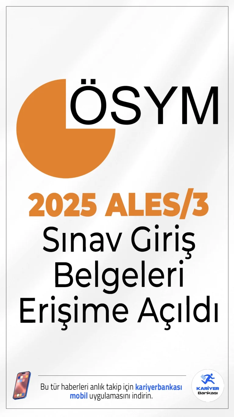 2025-ALES/3 Sınava Giriş Belgeleri Erişime Açıldı.23 Kasım 2025 tarihinde yapılacak Akademik Personel ve Lisansüstü Eğitimi Giriş Sınavı (ALES) için adayların sınav yerleri belli oldu. Sınava Giriş Belgeleri ÖSYM'nin internet sitesinden erişime açıldı.Ölçme, Seçme ve Yerleştirme Merkezi (ÖSYM), 2025-ALES/3 sınavına katılacak adayların bina ve salon bilgilerini içeren belgelerin erişime açıldığını duyurdu.