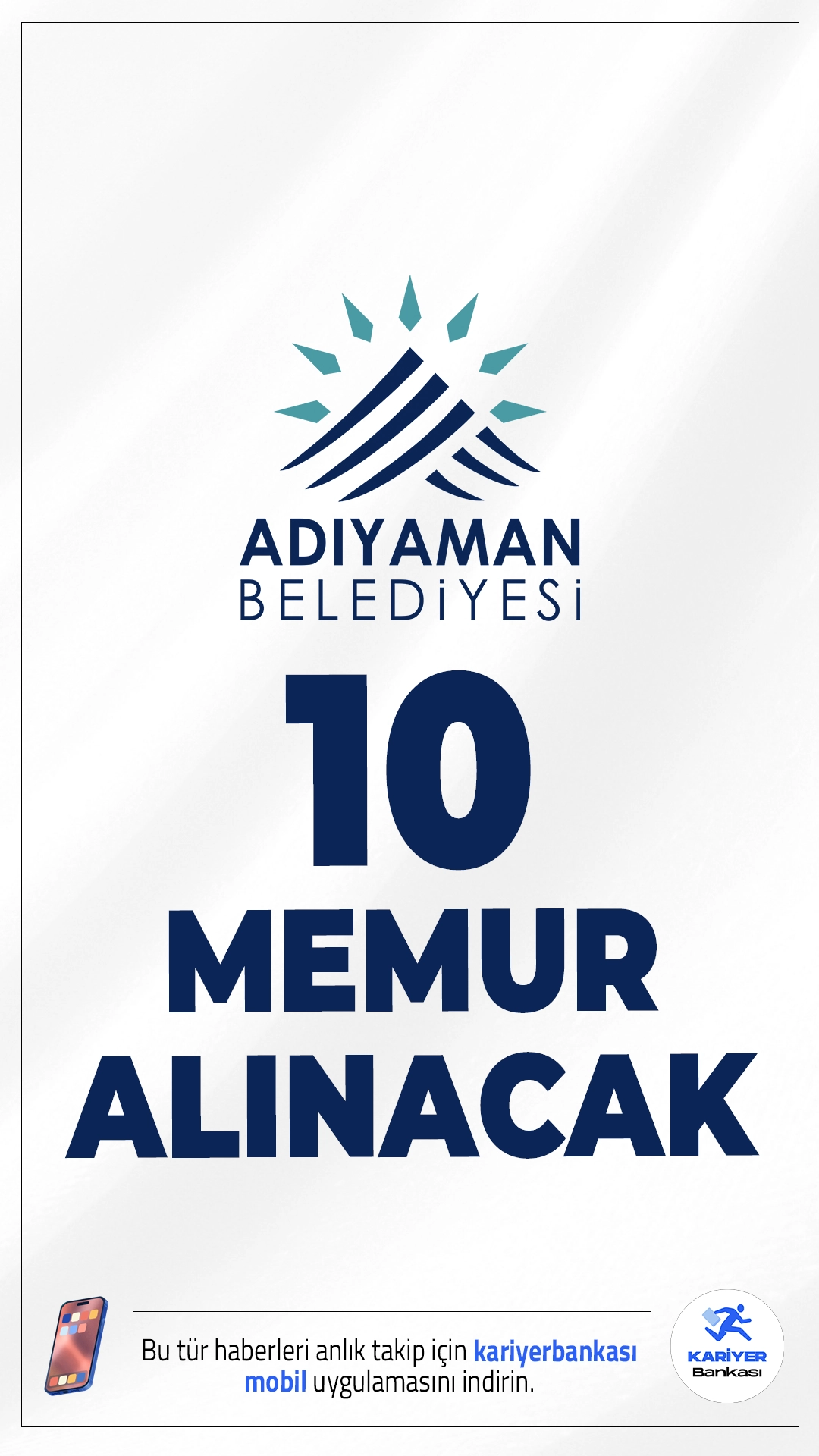 Adıyaman Belediyesi 10 Memur Alımı Yapacak.Adıyaman Belediyesi, 657 sayılı Devlet Memurları Kanunu’na tabi olarak çalıştırılmak üzere toplam 10 itfaiye eri alımı yapacağını açıkladı. Alımlar, açıktan atama yöntemiyle gerçekleştirilecek olup adaylar KPSS puan sıralamasına göre seçilecek ve sözlü ile uygulamalı sınava tabi tutulacaktır.