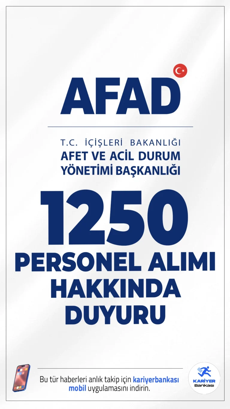 AFAD 1250 Personel Alımı Hakkında Duyuru Geldi. İçişleri Bakanlığı Afet ve Acil Durum Yönetimi Başkanlığı (AFAD) sayfasından yayımlanan duyuruda, 1250 Sözleşmeli Arama ve Kurtarma Teknikeri ile Sözleşmeli Arama ve Kurtarma Teknisyeni alımına yönelik süresi içinde yapılan başvurular adayların belirlenen şartları taşıyıp taşımadıkları bakımından incelenmiş, her il için ilan edilen boş pozisyon sayısının 4 (dört) katı aday KPSS puan sıralamasının esas alınarak belirlendiği aktarıldı.Adayların kesin olmayan başvuru sonuçlarına ilişkin bilgilerini Kariyer Kapısı (https://kariyerkapisi.gov.tr) üzerinden “Başvurularım” sekmesi altında görüntüleyebilecekleri kaydedildi.