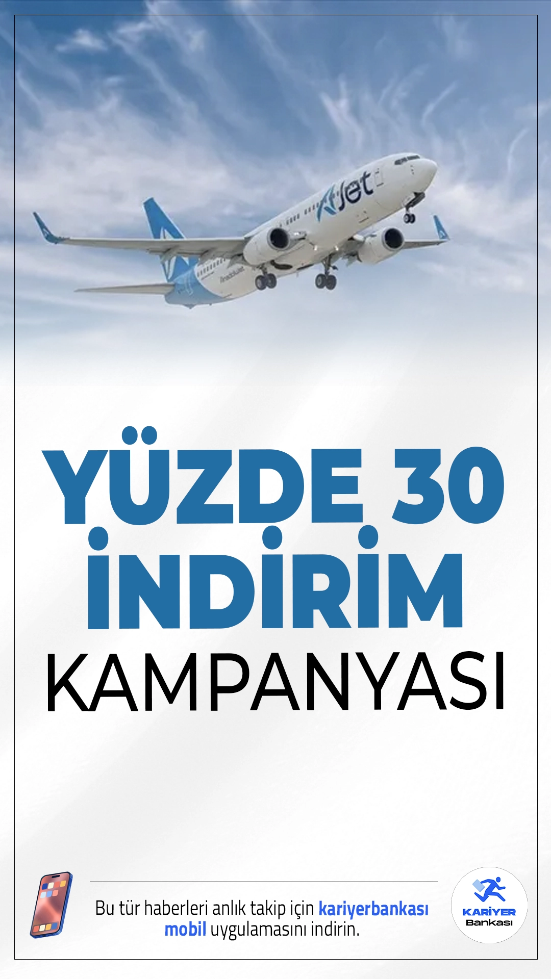 AJet’ten Yurt İçi Uçuşlarda %30 İndirim Kampanyası.Kış tatilini planlamak isteyenler için AJet’ten büyük fırsat geldi. Şirket, tüm yurt içi uçuşlarında geçerli olmak üzere yüzde 30 indirimli bilet kampanyasını başlattı. Kampanya, sadece AJet Mobil Uygulaması üzerinden yapılan alımlarda geçerli olacak.