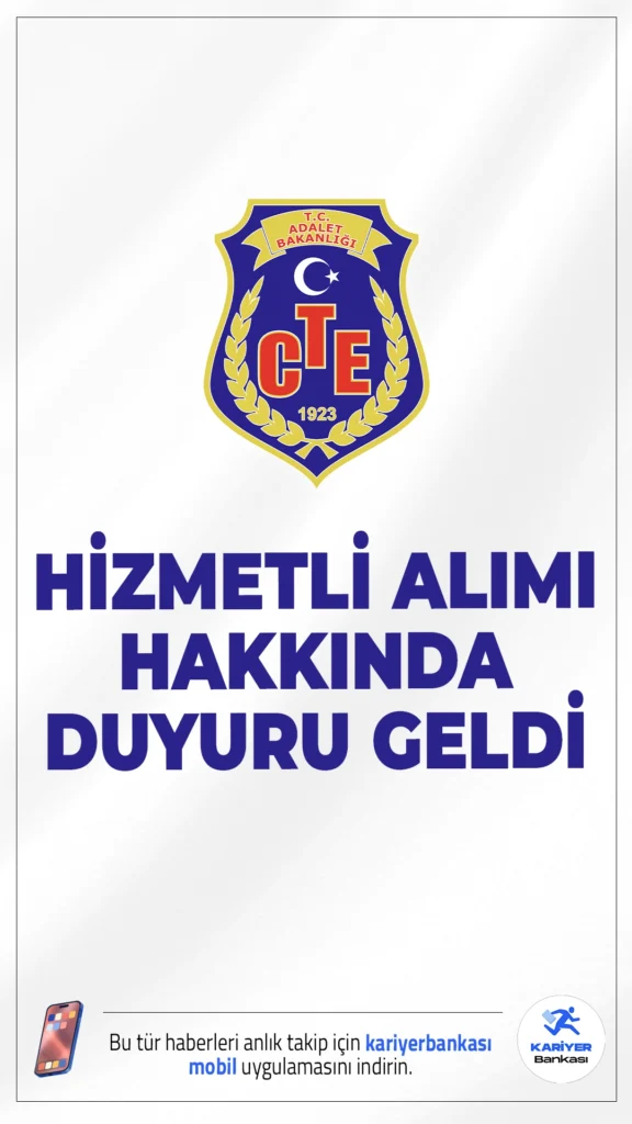 CTE Hizmetli Alımı Hakkında Duyuru Yayımlandı. Adalet Bakanlığı Ceza ve Tevkif Evleri Genel Müdürlüğü sayfasından yayımlanan duyuruda, 31 Temmuz 2025 tarihinde ilan edilen 3.500 Sözleşmeli Personel Alımı ilanı kapsamında CTE Genel Müdürlüğü bünyesinde hizmet veren Ceza İnfaz Kurumları ve Tutukevleri Personeli Eğitim Merkezlerinde istihdam edilmek üzere sözleşmeli destek personeli(hizmetli) alımı mülakat sonuçlarının açıklandığı aktarıldı.