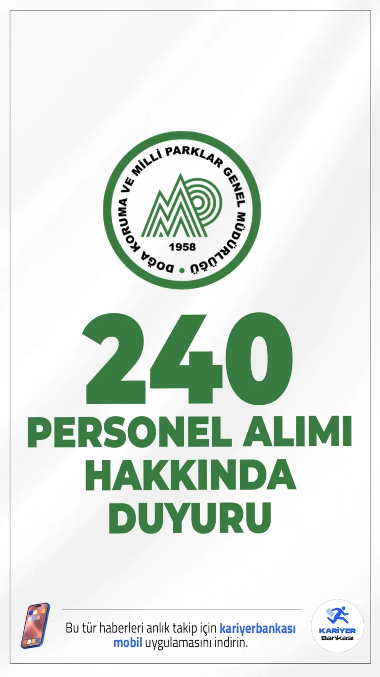Tarım Bakanlığı DKMP 240 Personel Alımı Hakkında Duyuru. Tarım ve Orman Bakanlığı Doğa Koruma ve Milli Parklar Genel Müdürlüğü sayfasından yayımlanan duyuruda, başvuruları 07.10.2025 – 17.10.2025 tarihleri arasında alınacan 240 personel alımı kapsamında, asil olarak yerleştirme işlemi tamamlanan adaylardan süresi içinde evrak teslimi yapmayan adayların yerine yedek adayların yerleştirme işlemlerine başlandığı ve 26 Kasım 2025 tarihine kadar belirtilen adrese gerekli evrakları teslim etmeleri gerektiği aktarıldı.