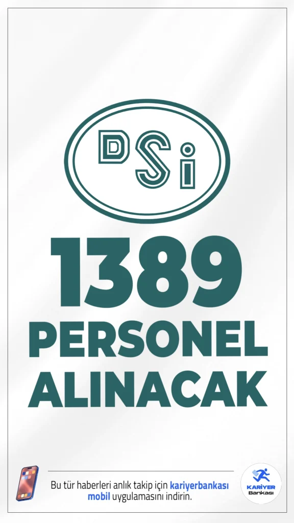 DSİ 1389 Personel Alımı Yapacak.Devlet Su İşleri (DSİ) taşra teşkilatında istihdam edilmek üzere toplam 1.389 personel alımı yapacağını duyurdu. Alımların büyük çoğunluğu noter kurası ile yapılacak olup, sadece bir kadroda yazılı, sözlü ve uygulama sınavı uygulanacak.
