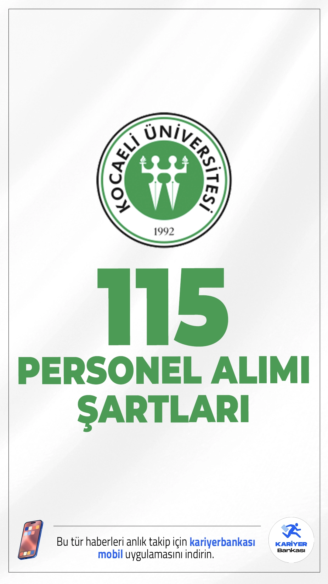 Kocaeli Üniversitesi 115 Personel Alımı Şartları.Kocaeli Üniversitesi sözleşmeli personel alımı başvuruları sürüyor. Resmî Gazete’de yayımlanan duyuruya göre, hem sağlık hizmetlerinde hem de destek hizmetlerinde görev alacak çok sayıda personel istihdam edilecek.Başvuru yapacak adayların genel ve özel şartları sağlaması gerekmektedir.