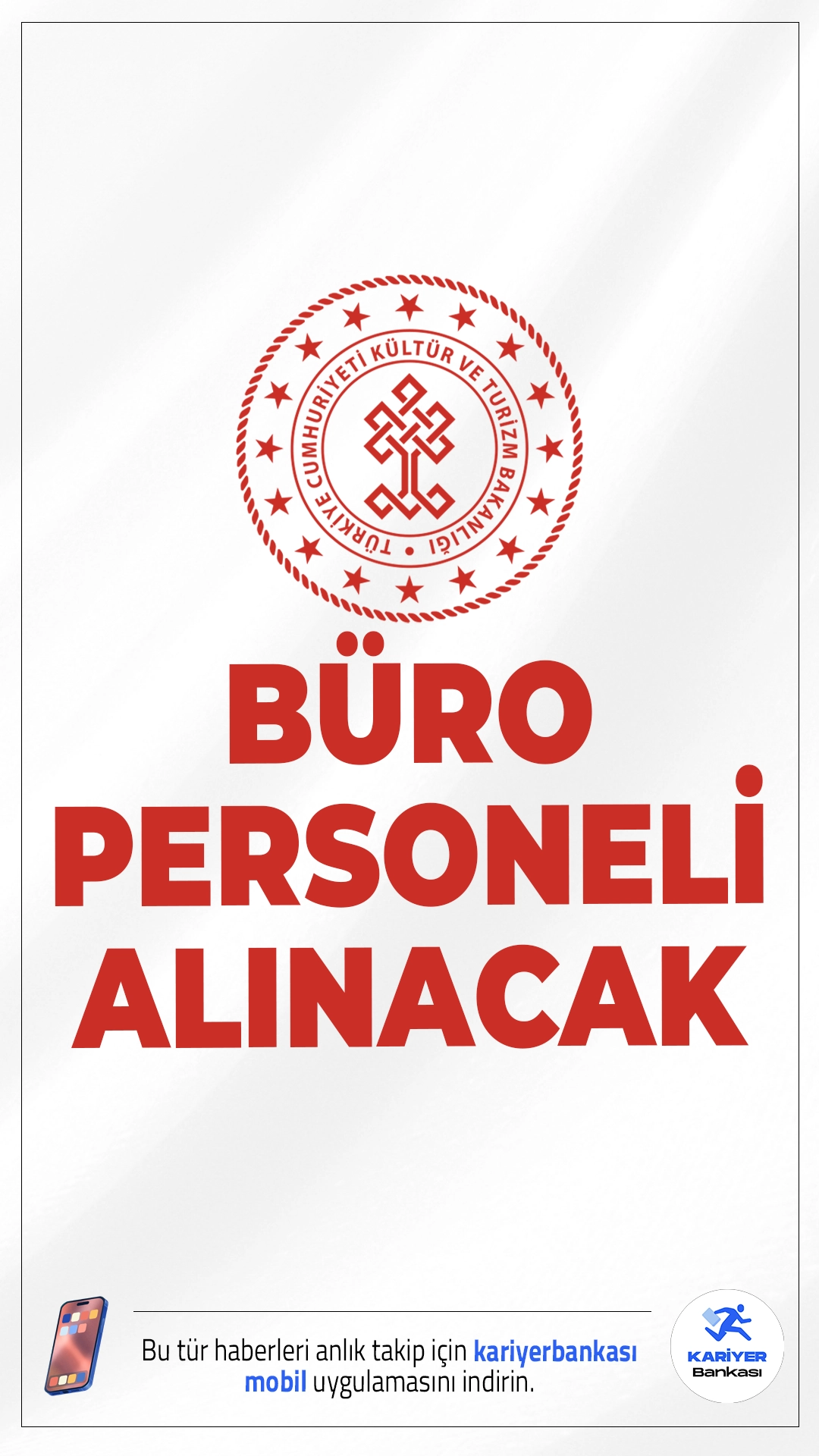Kültür Bakanlığı 6 Büro Personeli Alımı Yapacak.Kültür ve Turizm Bakanlığı Döner Sermaye İşletmesi Merkez Müdürlüğü, 657 sayılı Devlet Memurları Kanunu’nun 4/B maddesi kapsamında toplam 6 sözleşmeli personel alımı yapacağını duyurdu. Alımlar, KPSS (B) grubu puan sıralamasına göre sınavsız şekilde yapılacak.