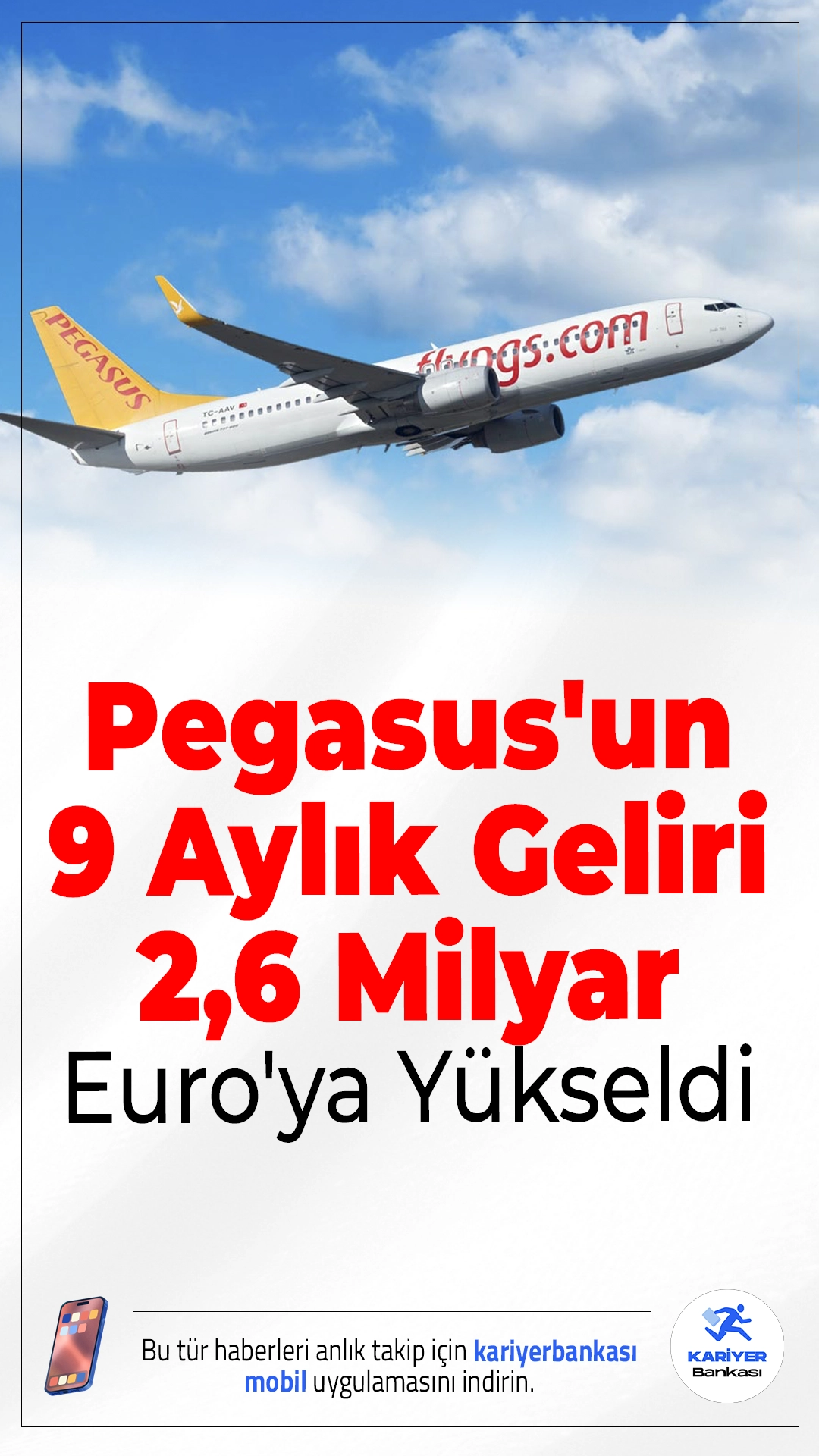 Pegasus'un 9 Aylık Geliri 2,6 Milyar Euro'ya Yükseldi .Pegasus Hava Yolları, 2025’in ilk 9 ayında yaklaşık 32 milyon yolcu taşıyarak, geçen yılın aynı dönemine göre %14 büyüme kaydetti. Şirket, bu dönemde 2,6 milyar Euro gelir elde ederek yıllık bazda gelirlerini %10 artırmayı başardı.