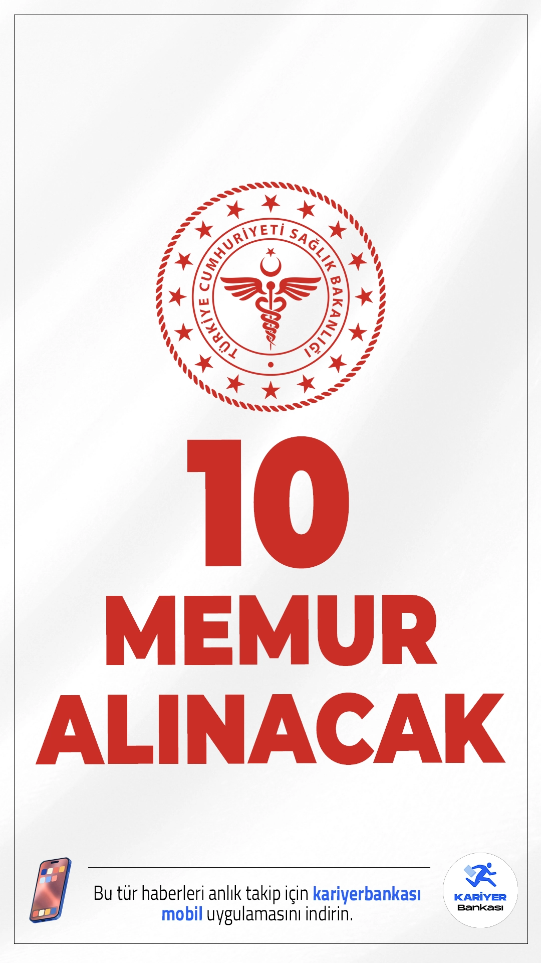 Sağlık Bakanlığı 10 Memur Alımı Yapacak. Resmi Gazete'de yayımlana duyuruya göre, Sağlık Bakanlığına sağlık uzman yardımcısı alımı yapılacak. Başvuru yapacak adayların genel ve özel şartları taşıması gerekmektedir.