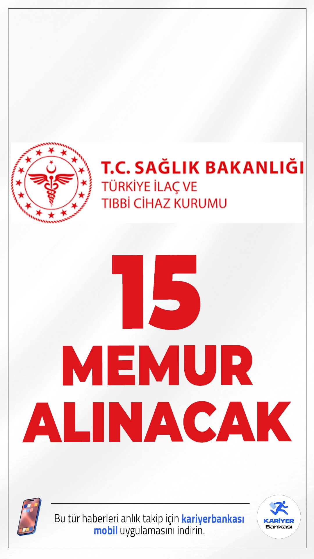 TİTCK 15 Memur Alımı Başvuruları Başladı.Sağlık Bakanlığı Türkiye İlaç ve Tıbbi Cihaz Kurumu (TİTCK), merkez teşkilatı ile İstanbul ve İzmir Denetim Gruplarında görevlendirilmek üzere 15 Ürün Denetmen Yardımcısı alımı yapacak. Alımlar, 657 sayılı Devlet Memurları Kanunu kapsamında kadrolu memur statüsünde gerçekleştirilecek.