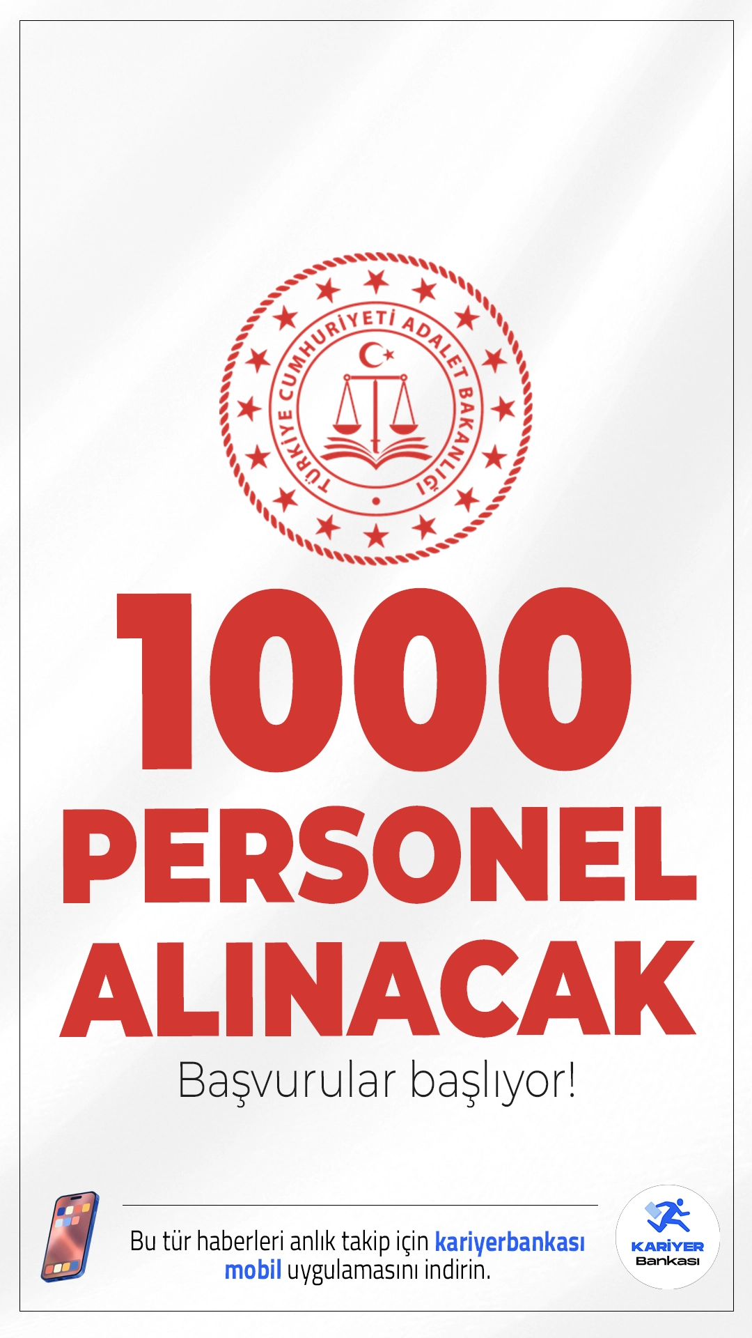 Adalet Bakanlığı 1000 Personel Alımı Başvurusu Başlıyor.Adalet Bakanlığı Personel Genel Müdürlüğü sayfasından yayımlanan duyuruya göre, Adalet Bakanlığına yazılı yarışma sınavı ile 1000 Hakim ve Savcı Yardımcısı alımı yapılacak. Başvuru işlemleri yarın (4 Kasım 2025) başlıyor.Başvuru şartları ve diğer detaylar bu haberimizde.