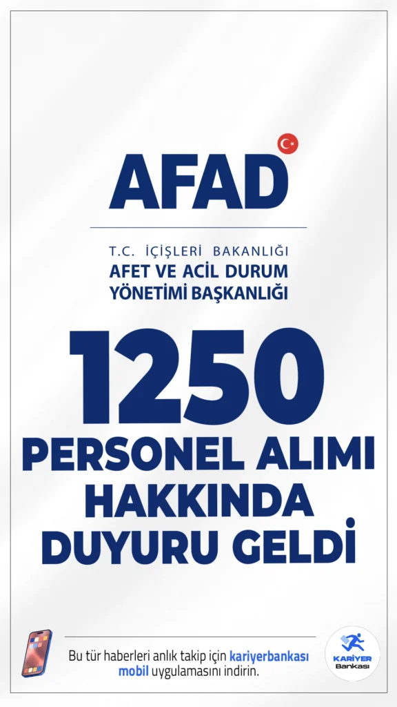 AFAD 1250 Personel Alımı Hakkında Duyuru Geldi. Afet ve Acil Durum Yönetimi Başkanlığı sayfasından, Sözleşmeli Arama ve Kurtarma Teknikeri ile Sözleşmeli Arama ve Kurtarma Teknisyeni alımı kesin başvuru sonuçları ile Uygulama Sınavı hakkında duyuru yayımlandı.