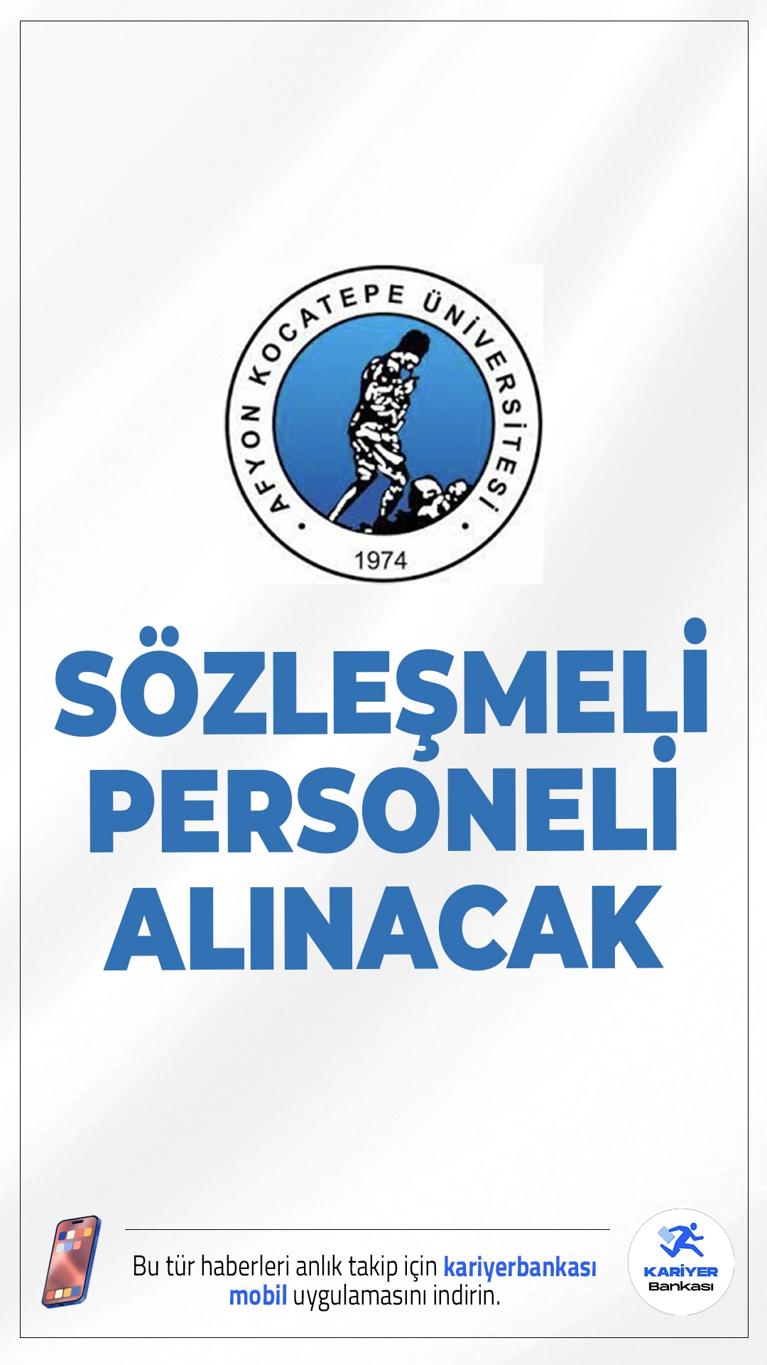 Afyon Kocatepe Üniversitesi 4 Personel Alımı Yapacak.Afyon Kocatepe Üniversitesi, 4 sözleşmeli personel alımı gerçekleştirecek.Alım süreci, 2024 KPSS (B) grubu puan sıralamasına göre sınavsız şekilde yürütülecek.Başvuru şartları ve diğer detaylar haberimizde.