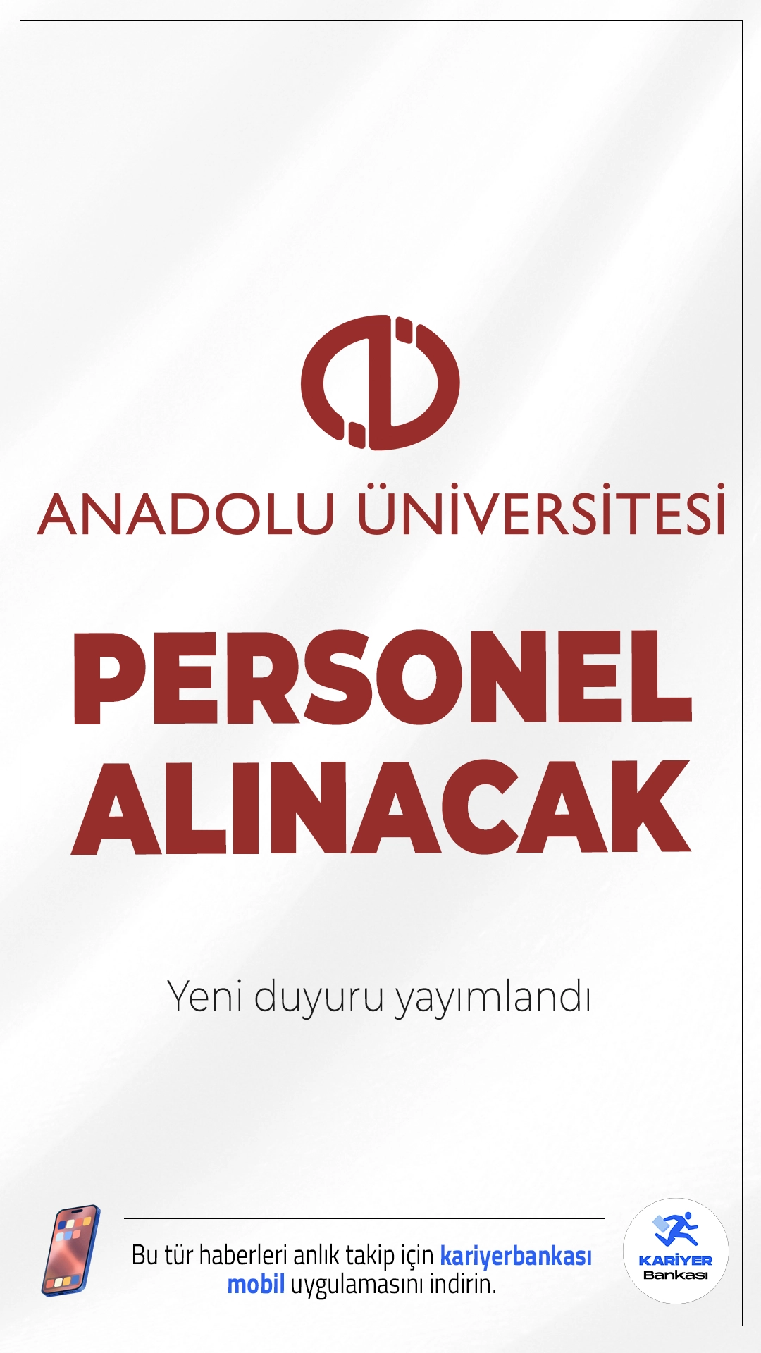 Anadolu Üniversitesi 23 Personel Alımı Yapacak.Anadolu Üniversitesi personel alımı duyurusu yayımlandı. Resmi Gazete'de yayımlanan duyuruya göre, Anadolu Üniversitesine destek personeli, teknisyen, tekniker ve işaret dili tercümanı ünvanlarında personel alınacak. Başvurular 03–17 Kasım 2025 tarihleri arasında gerçekleştirilecek.