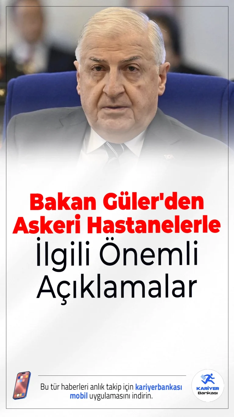 Bakan Güler'den Askeri Hastanelerle İlgili Önemli Açıklamalar.Milli Savunma Bakanı Yaşar Güler, TBMM Plan ve Bütçe Komisyonu'nda yaptığı açıklamada, askeri hastanelerin yeniden açılması için yoğun bir çalışma yürütüldüğünü, şehit olaylarının tüm yönleriyle araştırıldığını ve TSK'nın personel yapısında önemli dönüşümler gerçekleştiğini vurguladı.