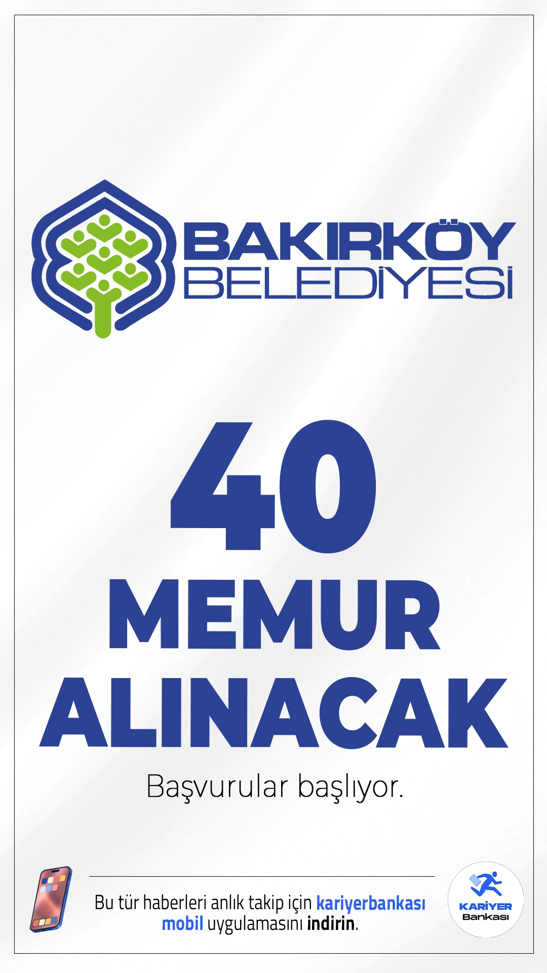 Bakırköy Belediyesi 40 Memur Alımı Başvurusu Başlıyor.İstanbul Bakırköy Belediyesi ilk defa atanmak üzere toplam memur ve zabıta memuru alımı yapacak.Alımlar, önlisans, lise ve lisans mezuniyet düzeylerine göre yapılacak olup, KPSS en az 65 puan şartı aranacak.Başvuru yapacak adayların belirtilen şartları taşıması gerekmektedir.